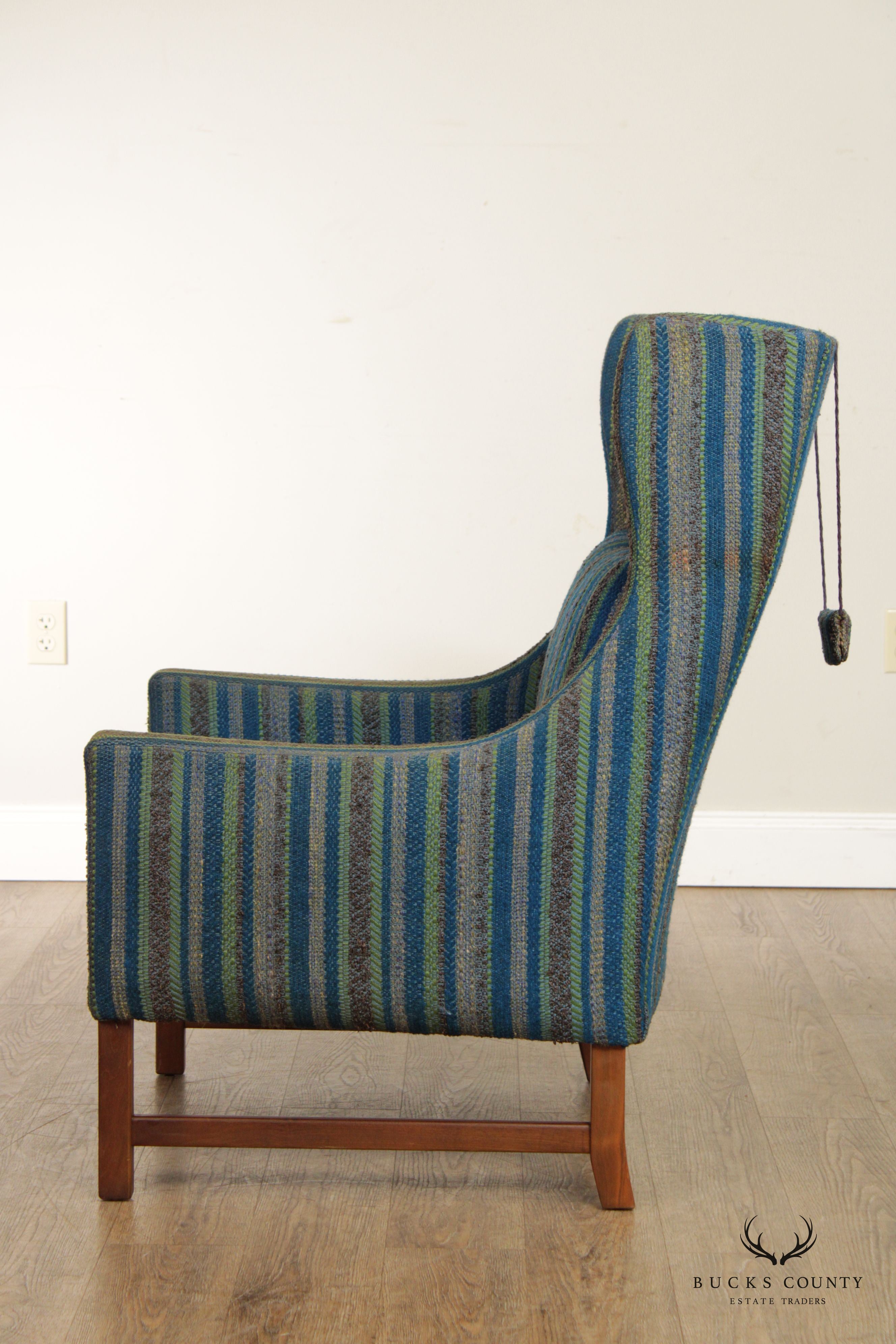 Mid Century Modern Custom Upholstered Winged Lounge Chair and Ottoman