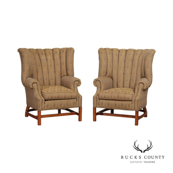 Century Furniture Chippendale Style Pair of Channel Back Wing Chairs