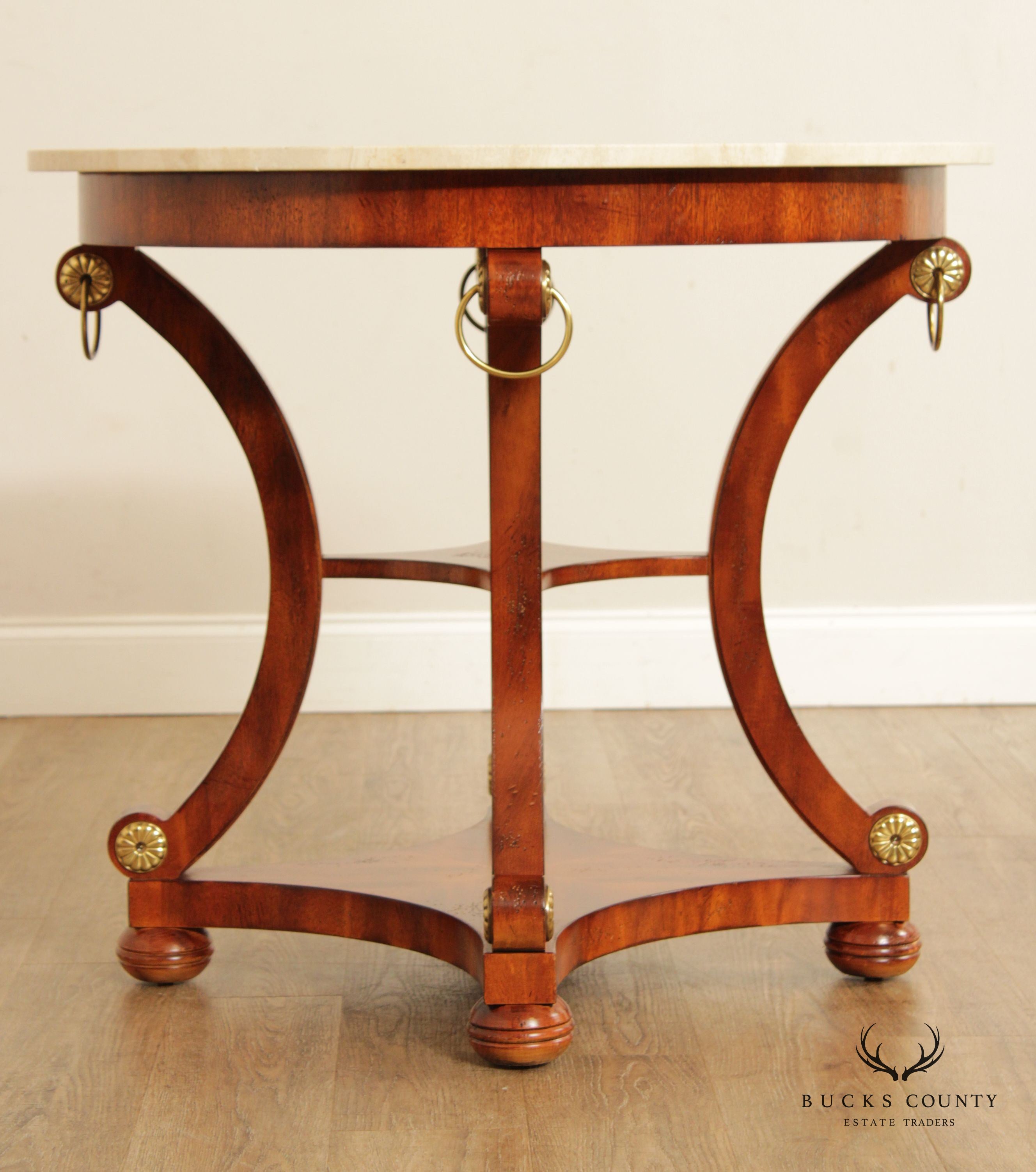 French Empire Style Round Travertine Top Mahogany Center Table