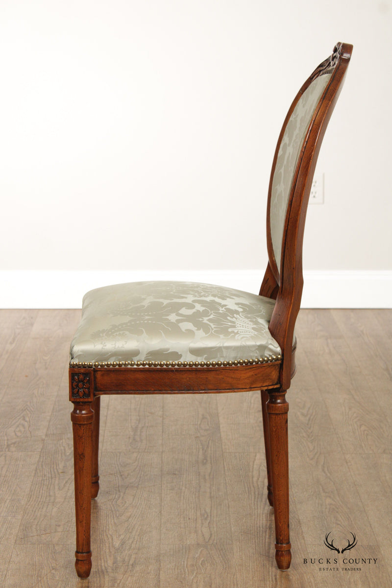 French Louis XVI Style Set of Six Carved Walnut Oval Back Dining Chairs