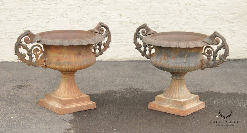 Vintage Pair Large Cast Iron Garden Urn Planters