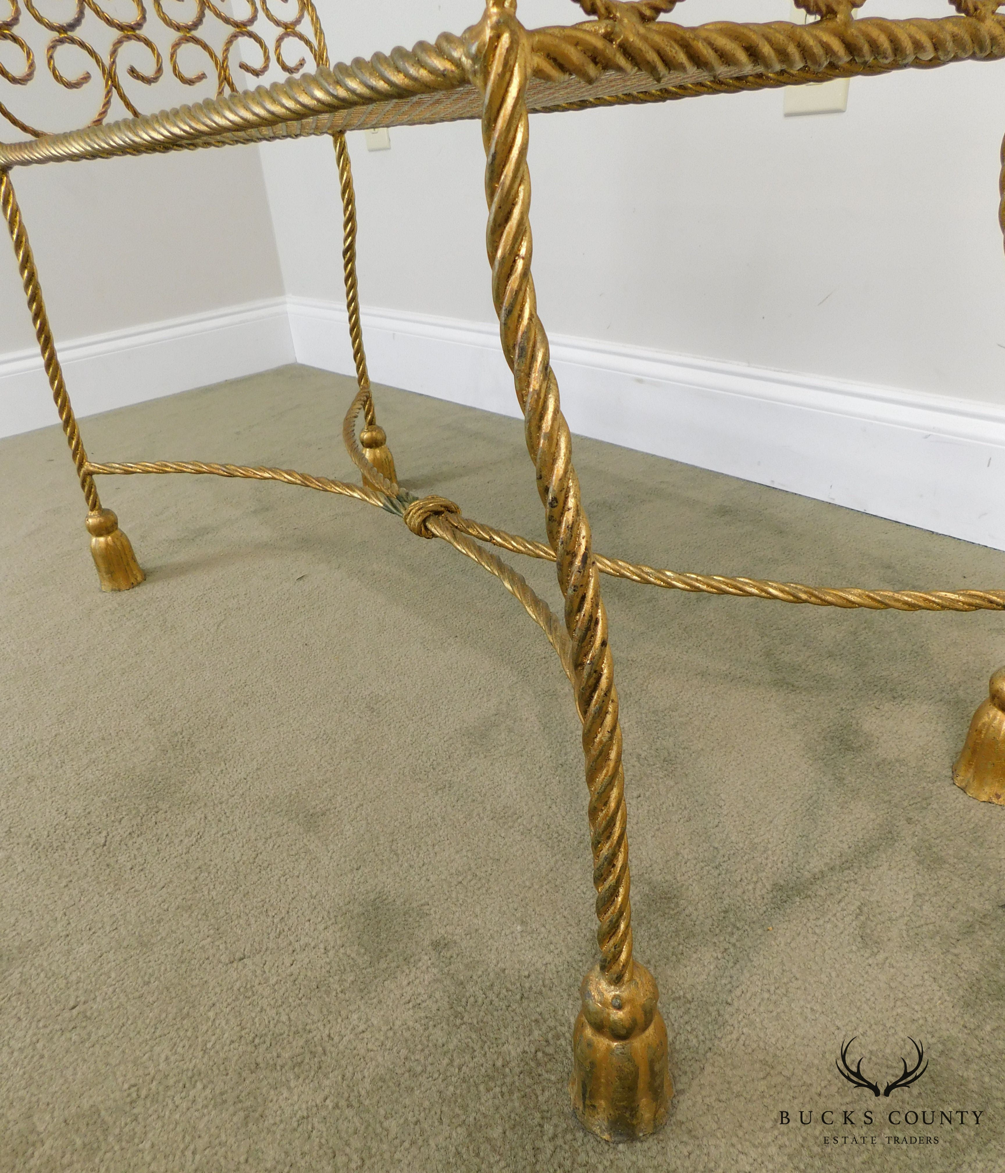 Hollywood Regency Vintage 1960's Italian Gilt Metal Pair Rope & Tassel Benches