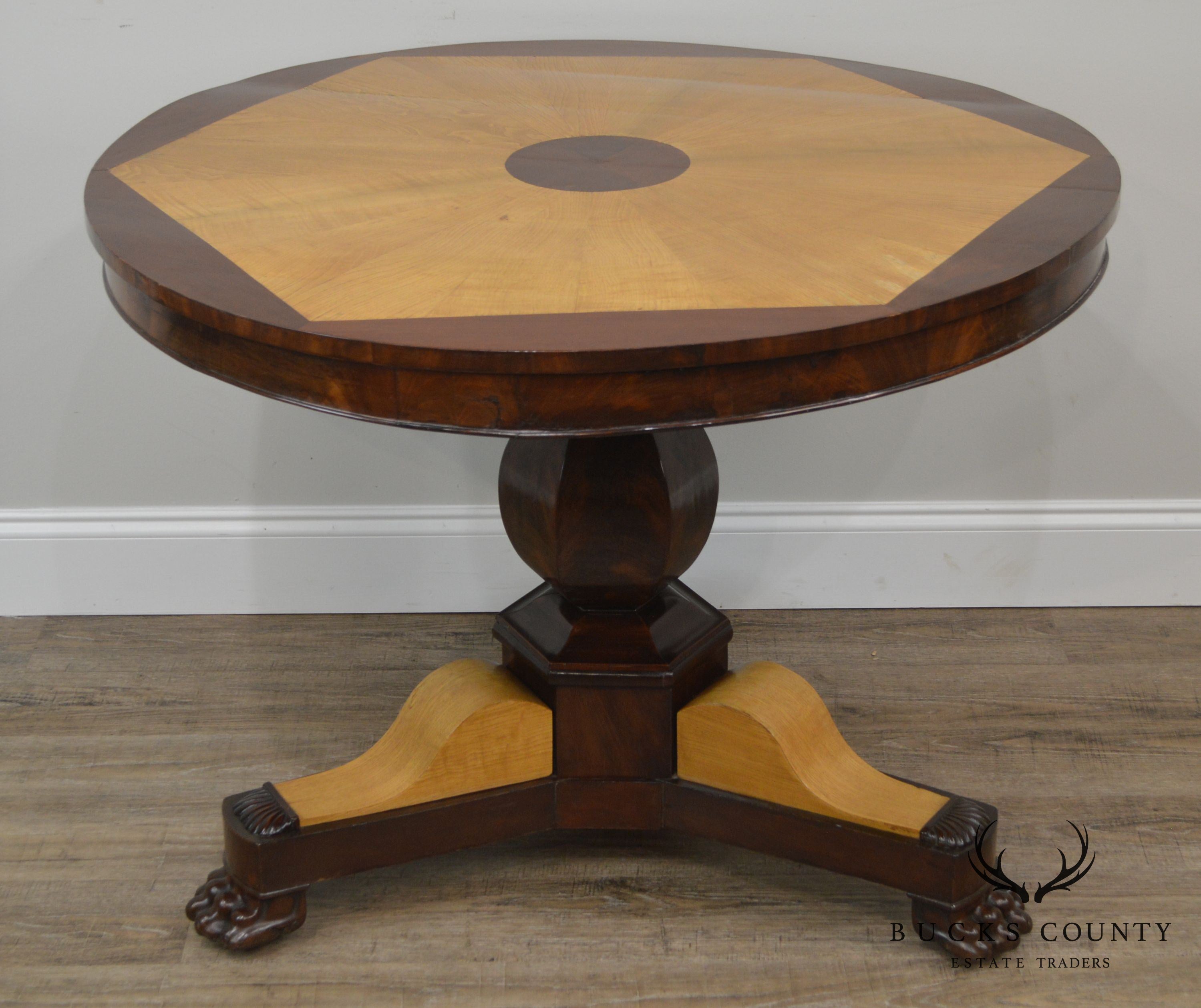 French Charles X Antique Mahogany & Elm Wood 2 Tone Round Center Table