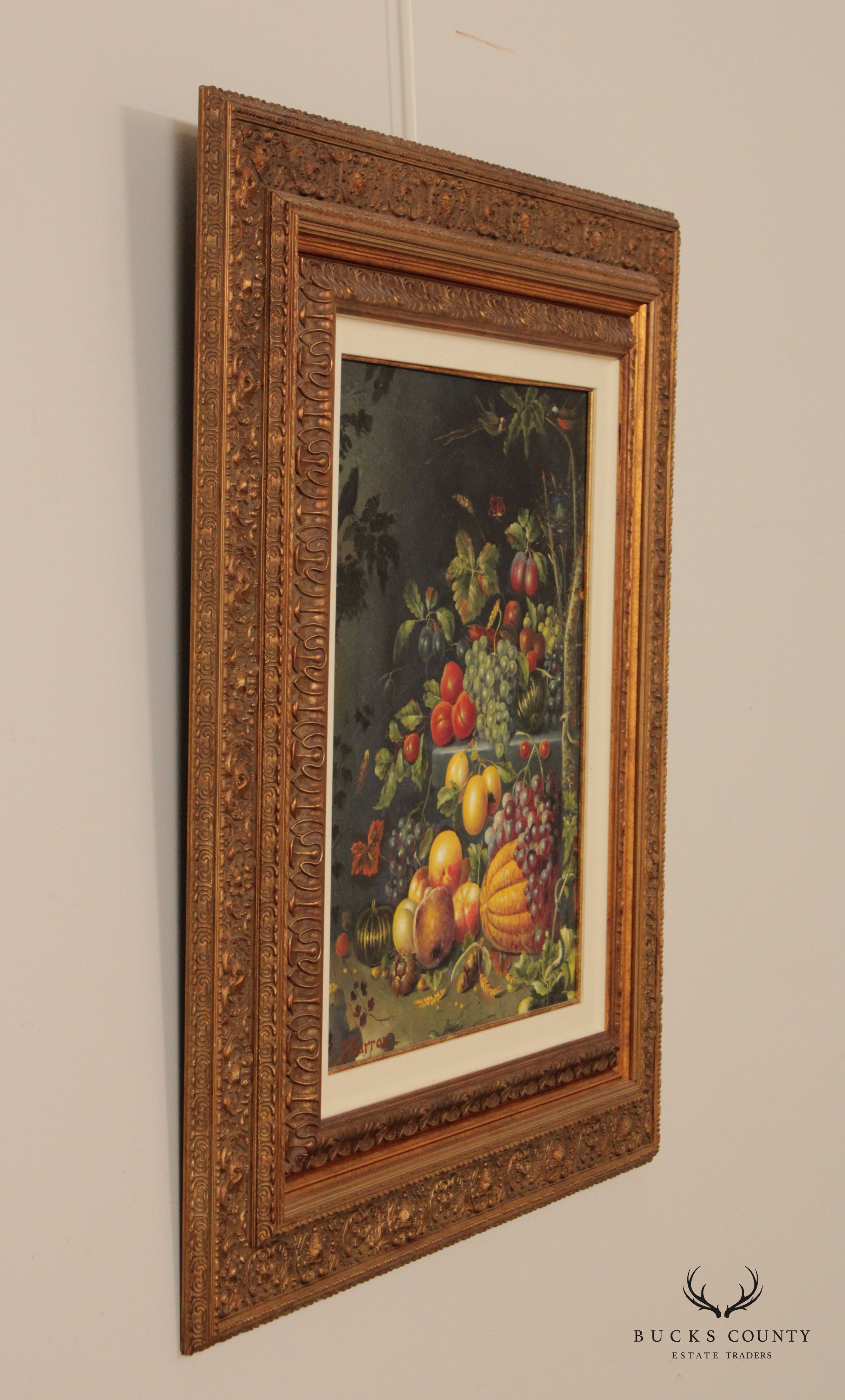 Vintage 20th C. Baroque Style Fruit Still Life Oil Painting, Signed 'T. Barron'