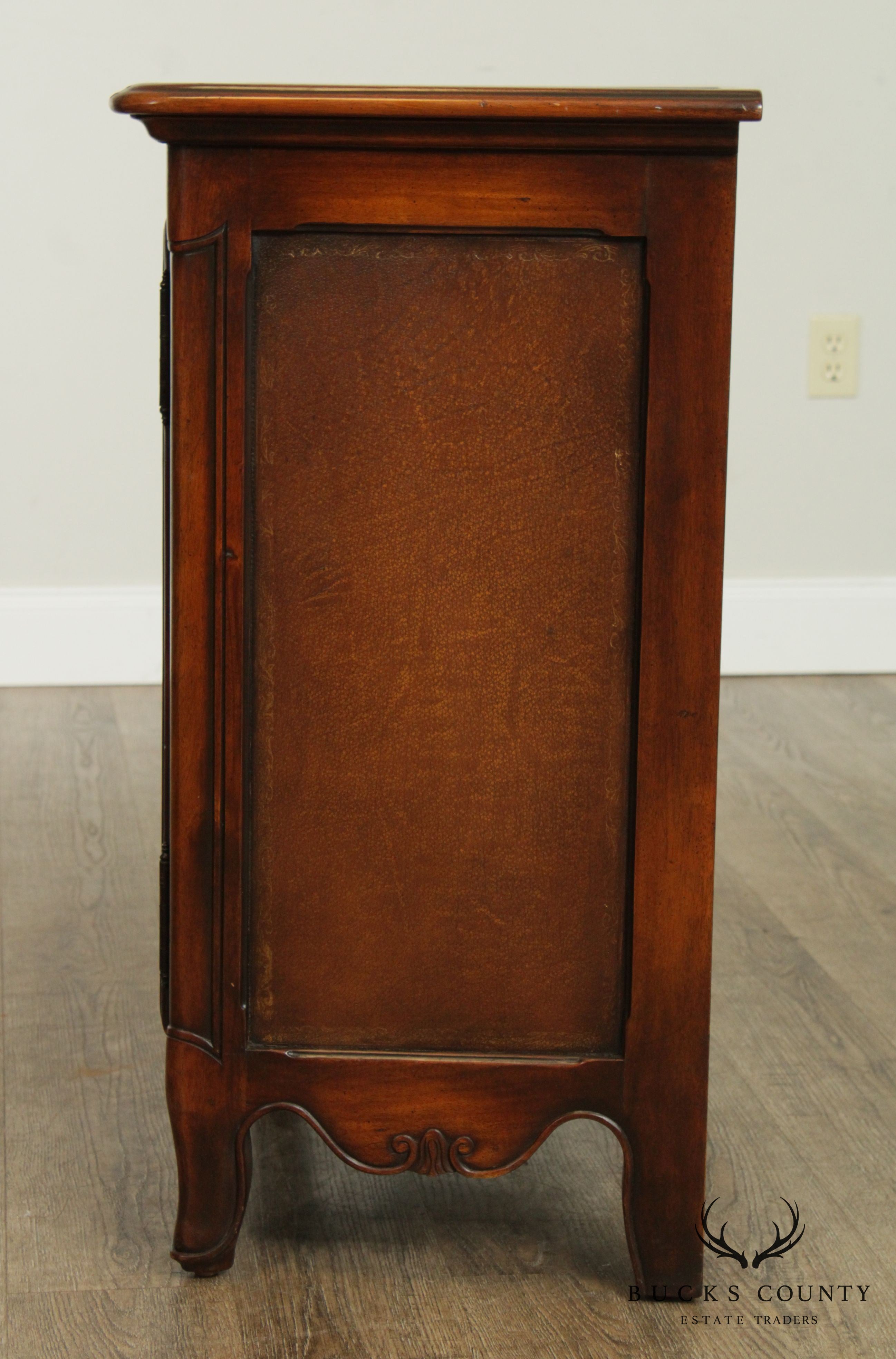 Theodore Alexander Mahogany Leather Wrapped One Door Side Cabinet