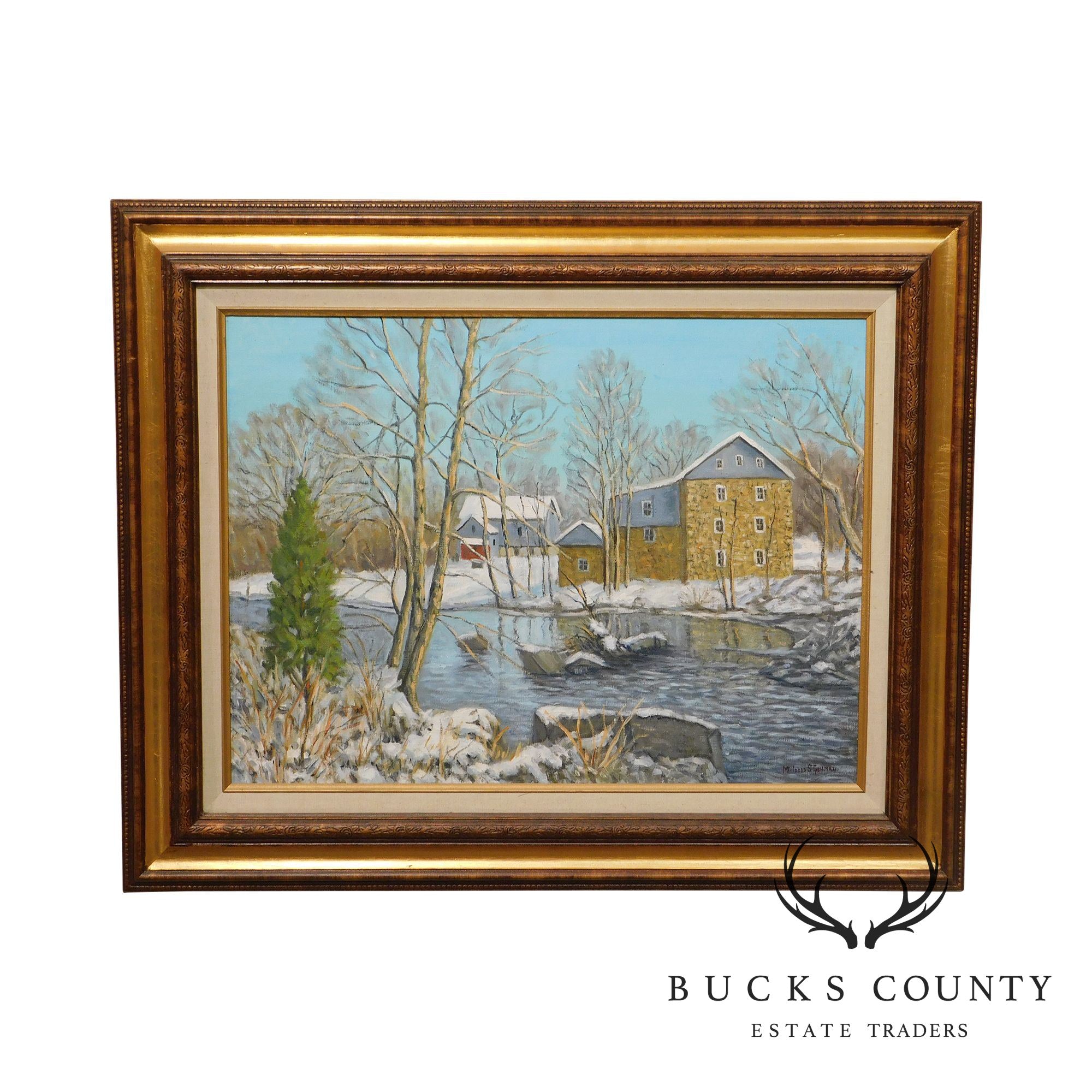 Mildred S. Gehman "Clymer's Mill" Thatcher P.A., Winter Snowy Stream Oil Painting