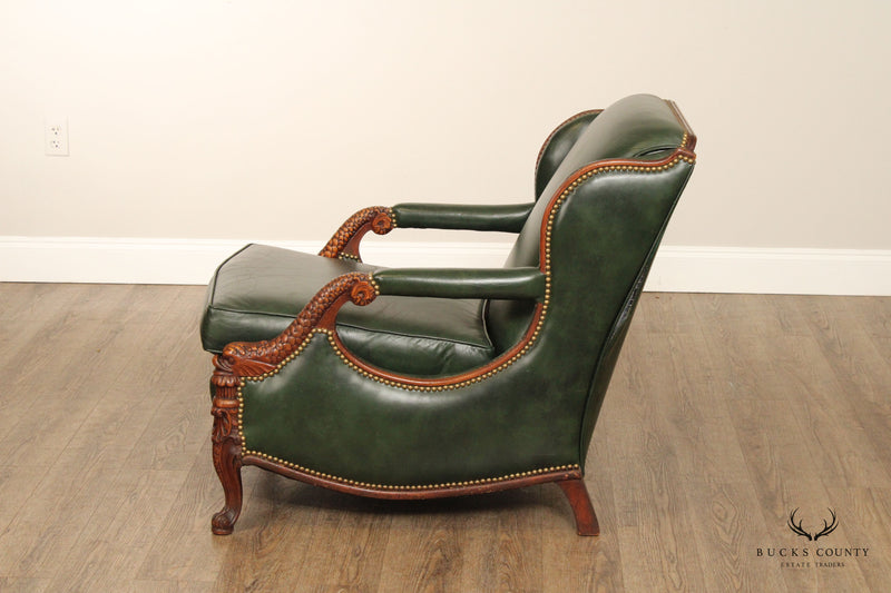 1930's French Regency Style Carved Mahogany and Leather Lounge Chair