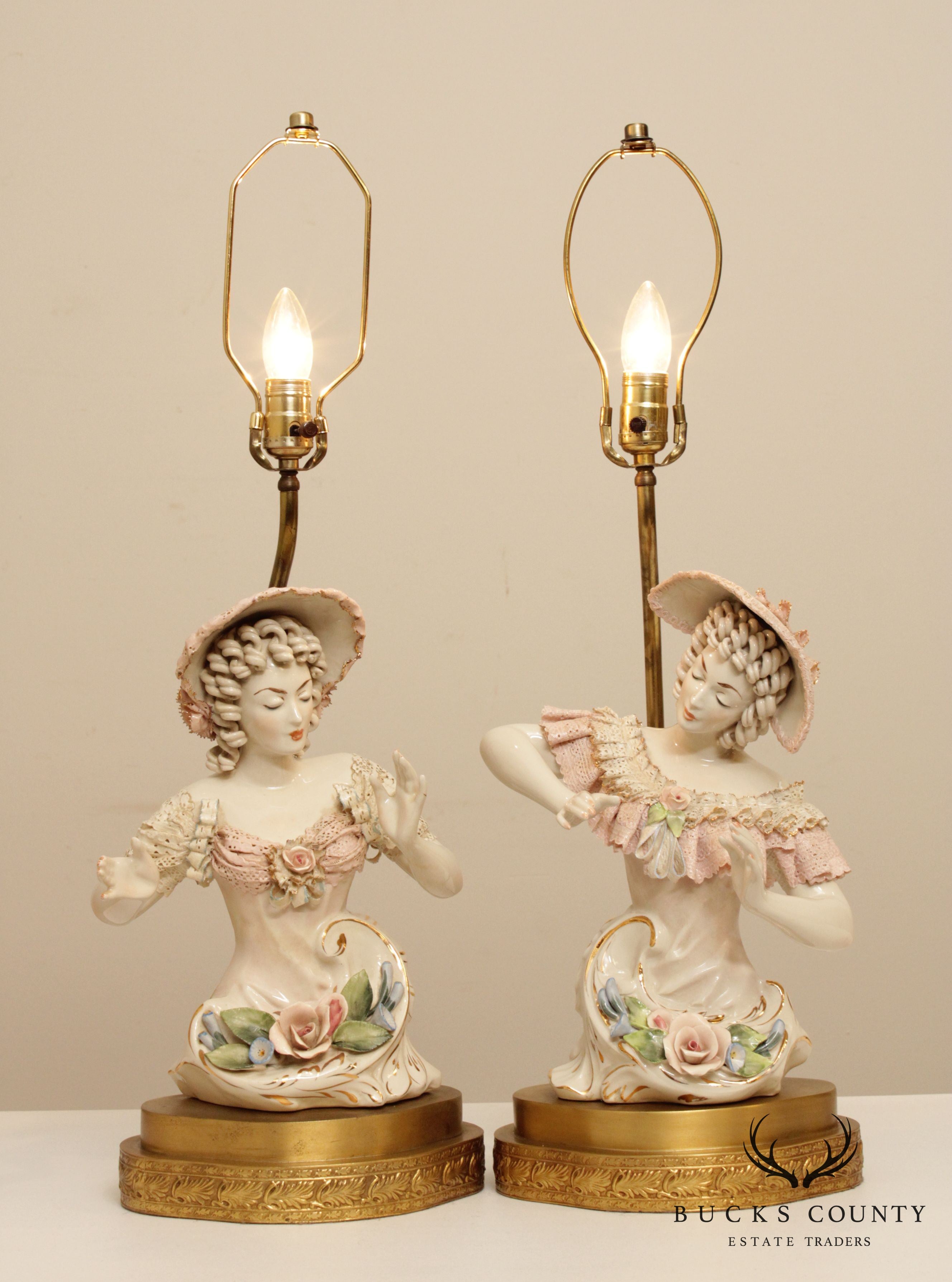 Vintage Pair Porcelain Figurine Table Lamps