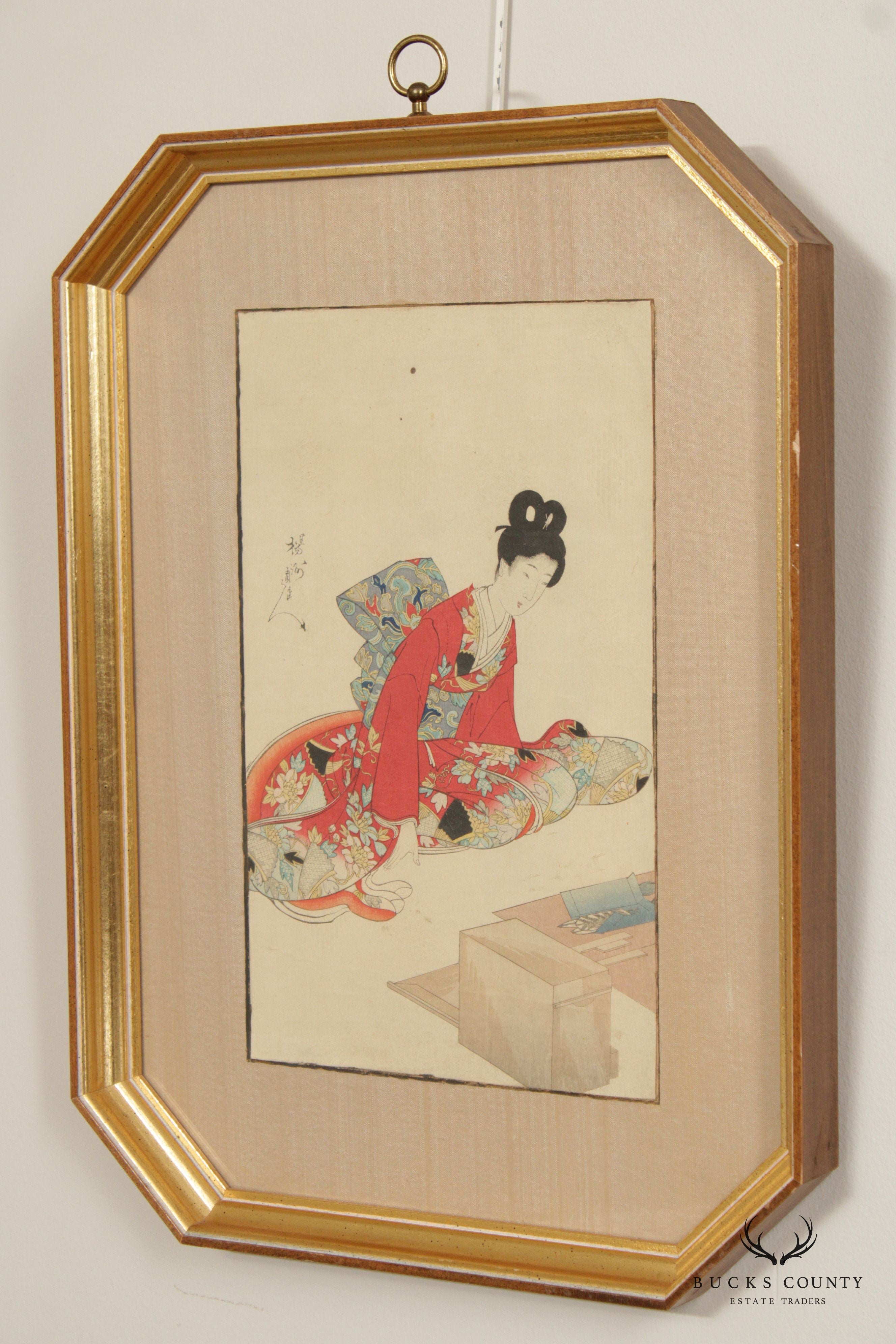 Toyohara Chikanobu Pair of Framed 'Shin Bijin' Geisha Woodblock Prints