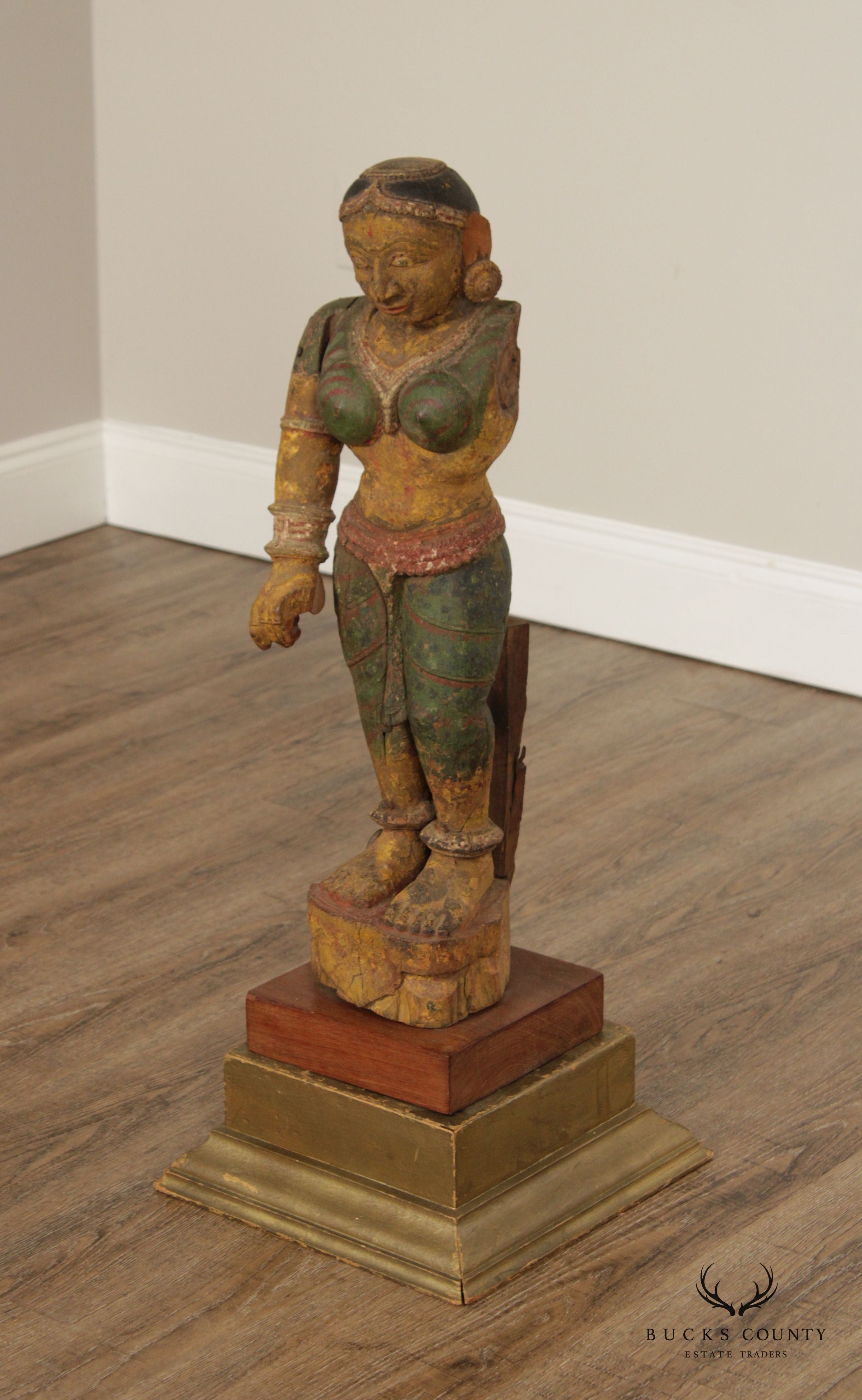 Antique Indian Polychrome Wooden Goddess Sculpture