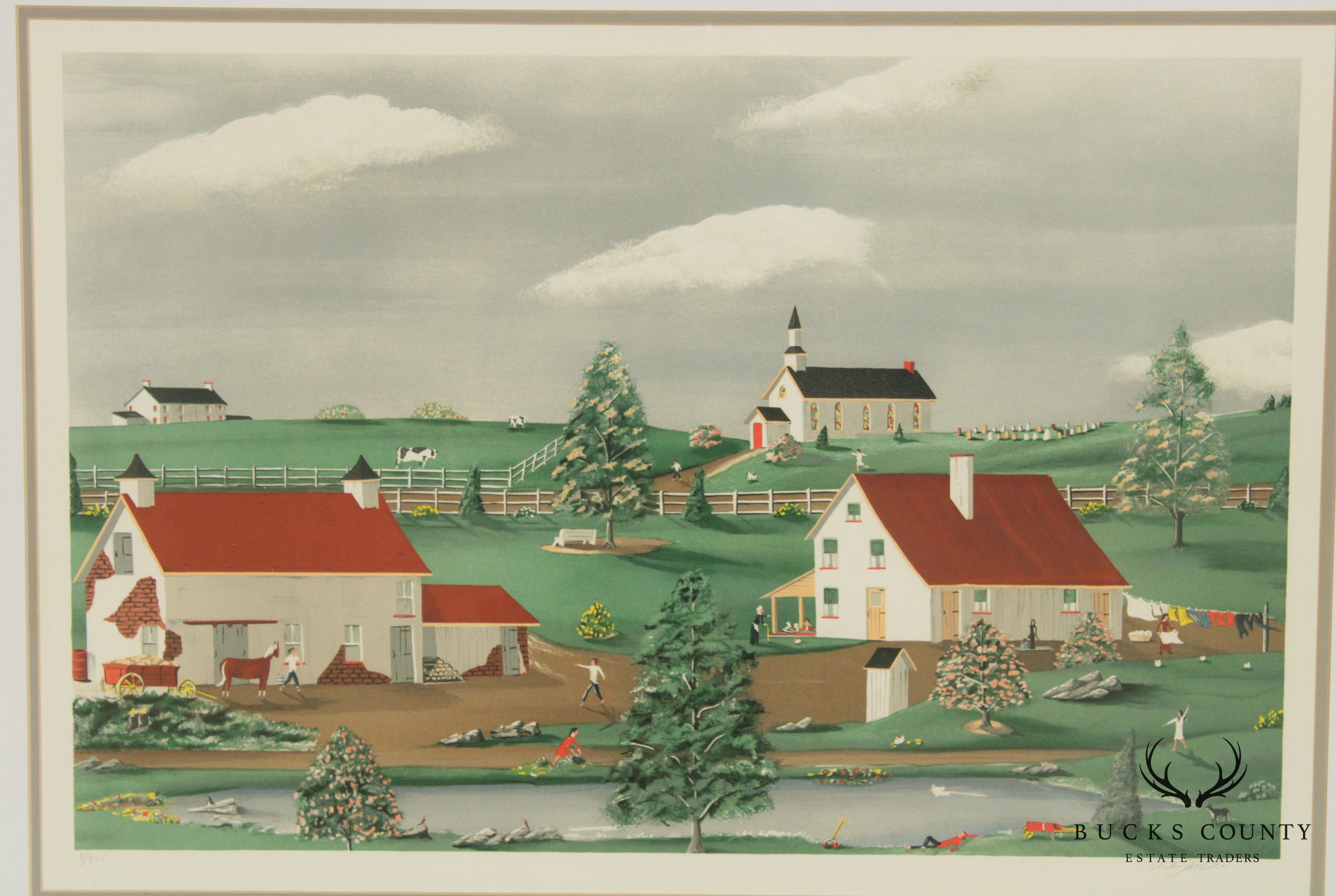 Charles J. White Signed Folk Art Landscape Lithograph