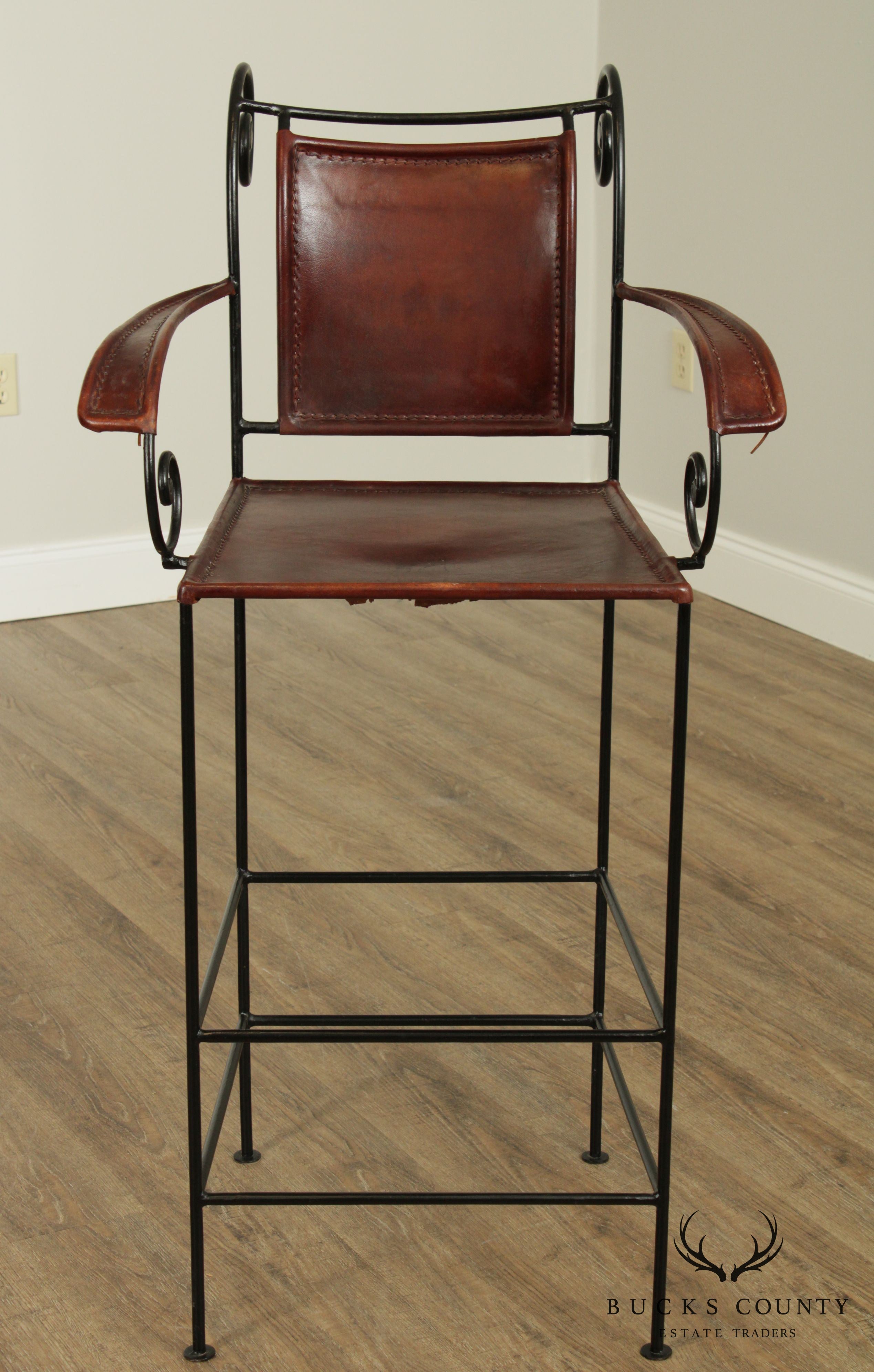 William Sheppee Scollwork Iron and Leather Barstool