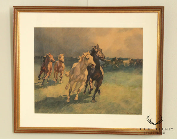 Mid Century Wild Horses Watercolor Painting by István Benyovszky