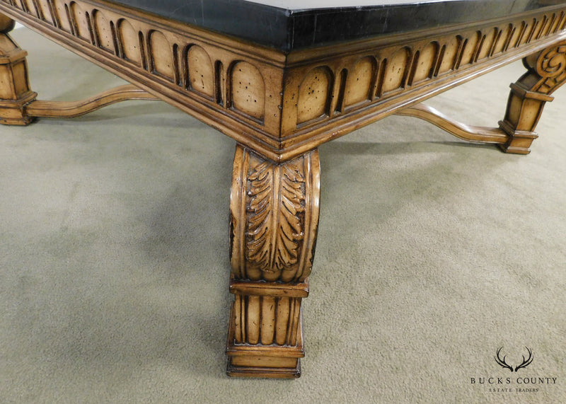 Quality Renaissance Style Tessellated Mandle, Beveled Glass Carved Coffee Table