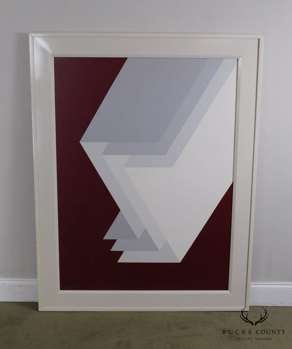 Giordano Op Art Geometric Painting White Z Form Planes on Dark Red Background