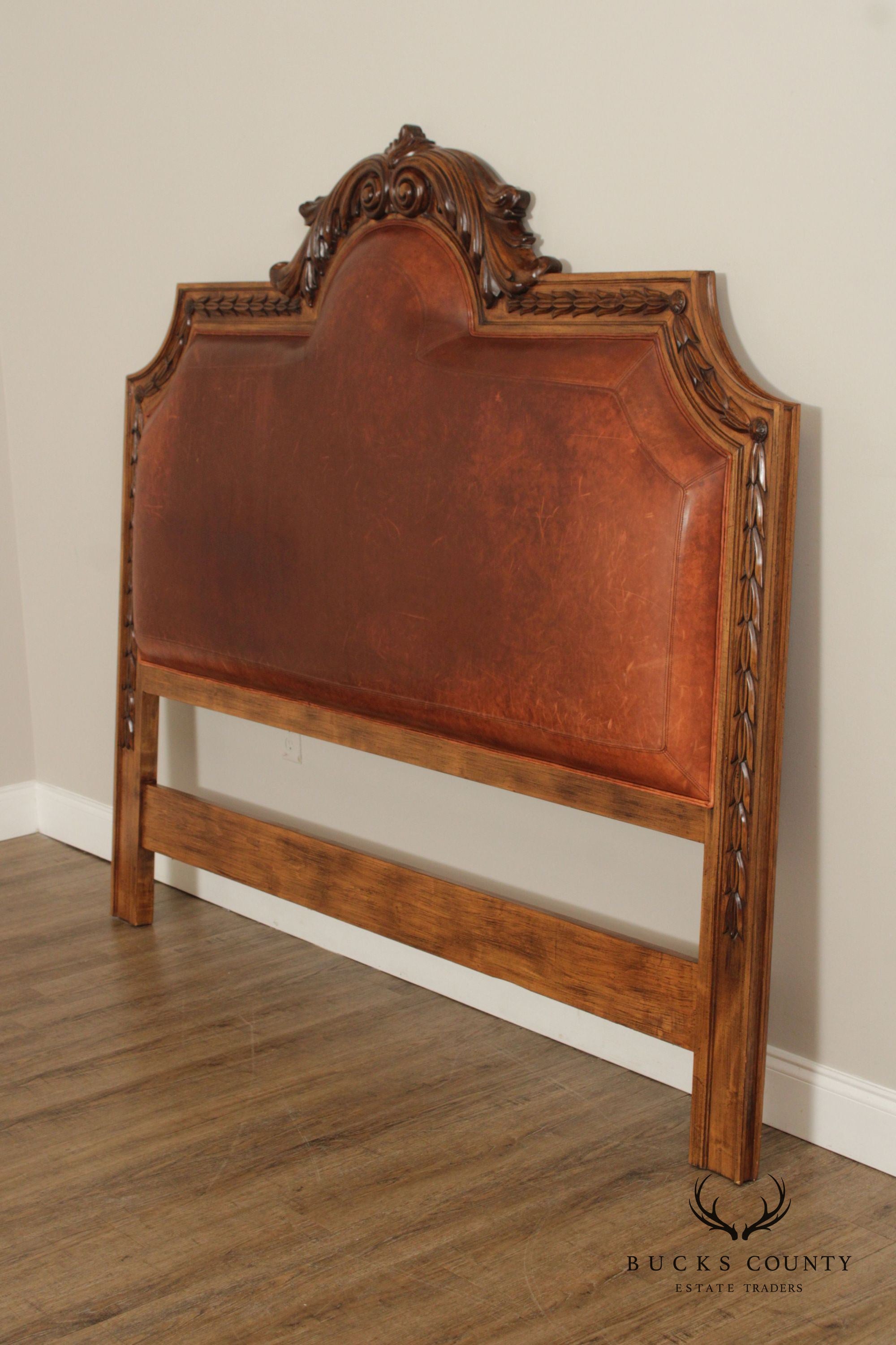 Rustic European Style King Size Carved Wood And Leather Headboard