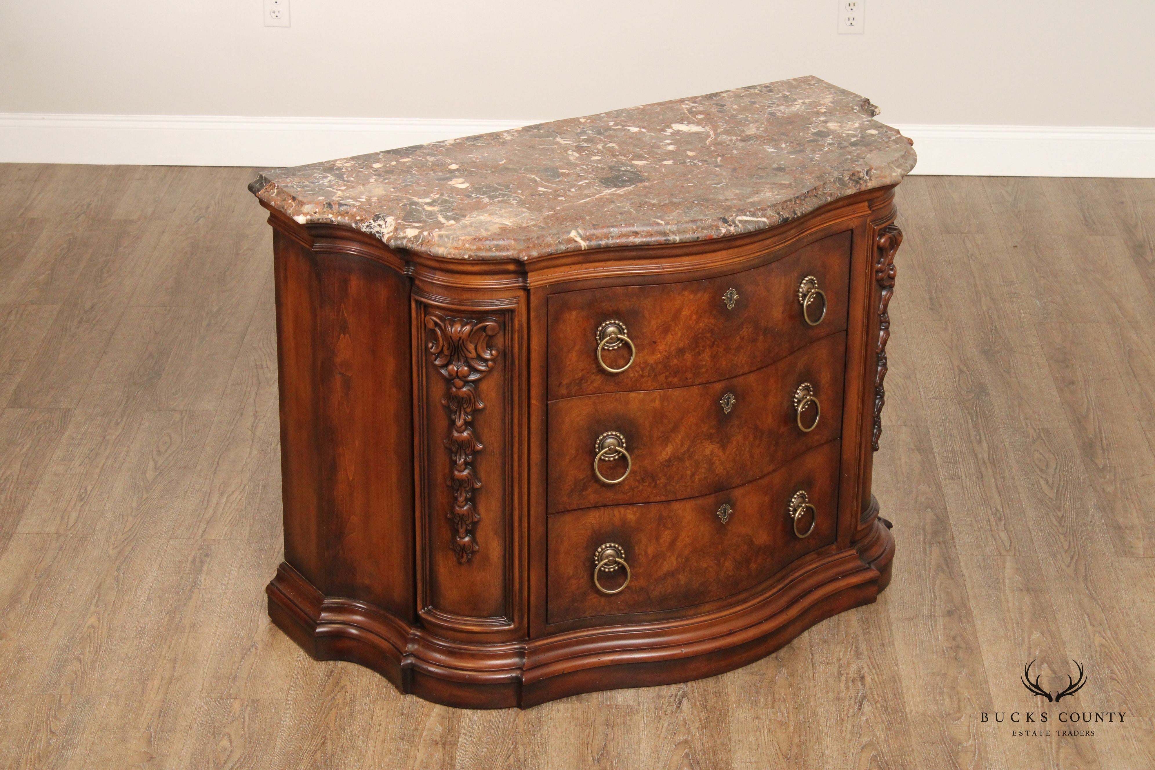 Henredon Tuscan Style Burl Walnut Marble Top Commode