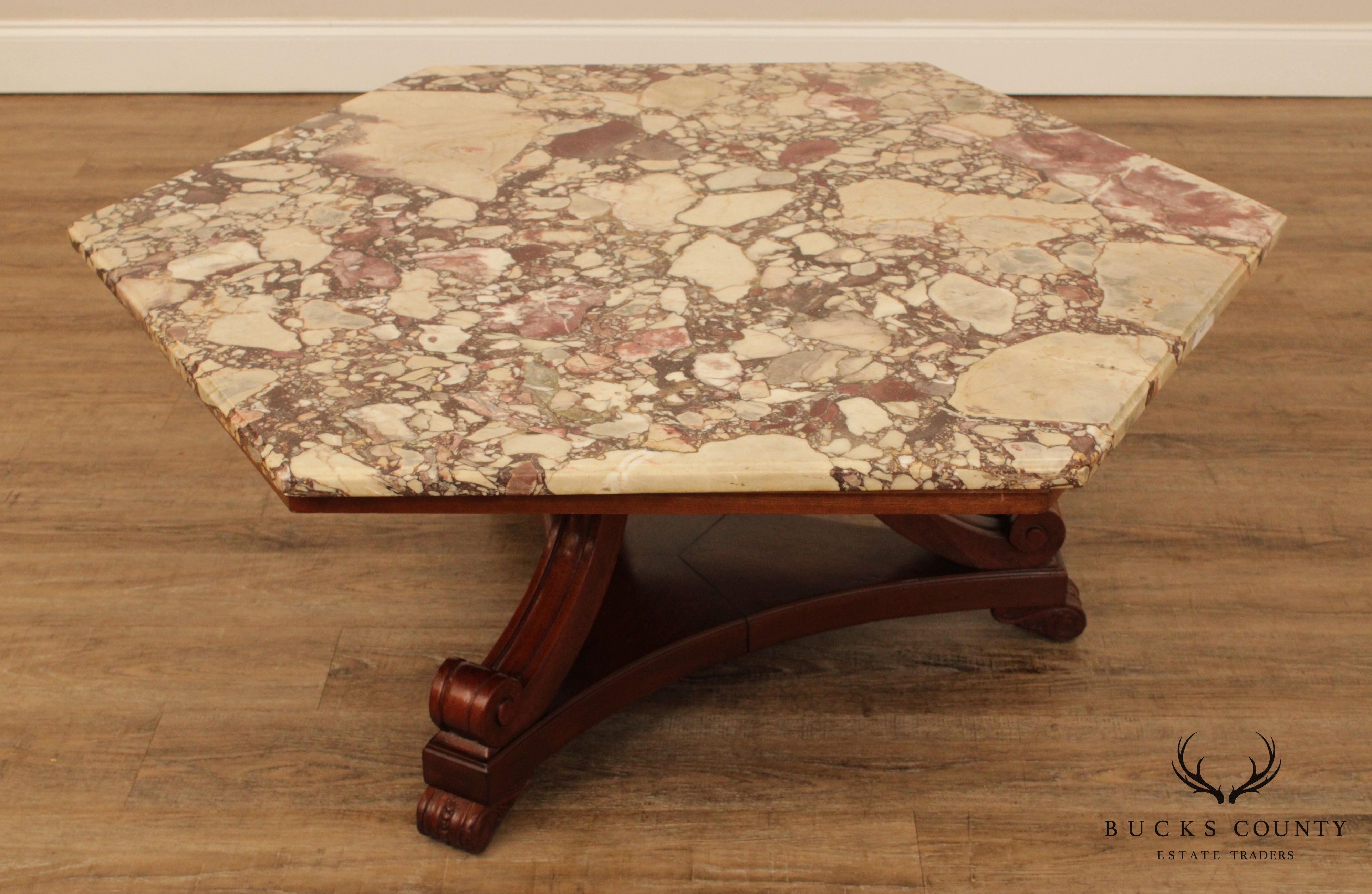 Empire Revival Vintage Mahogany Hexagon Marble Top Coffee Table