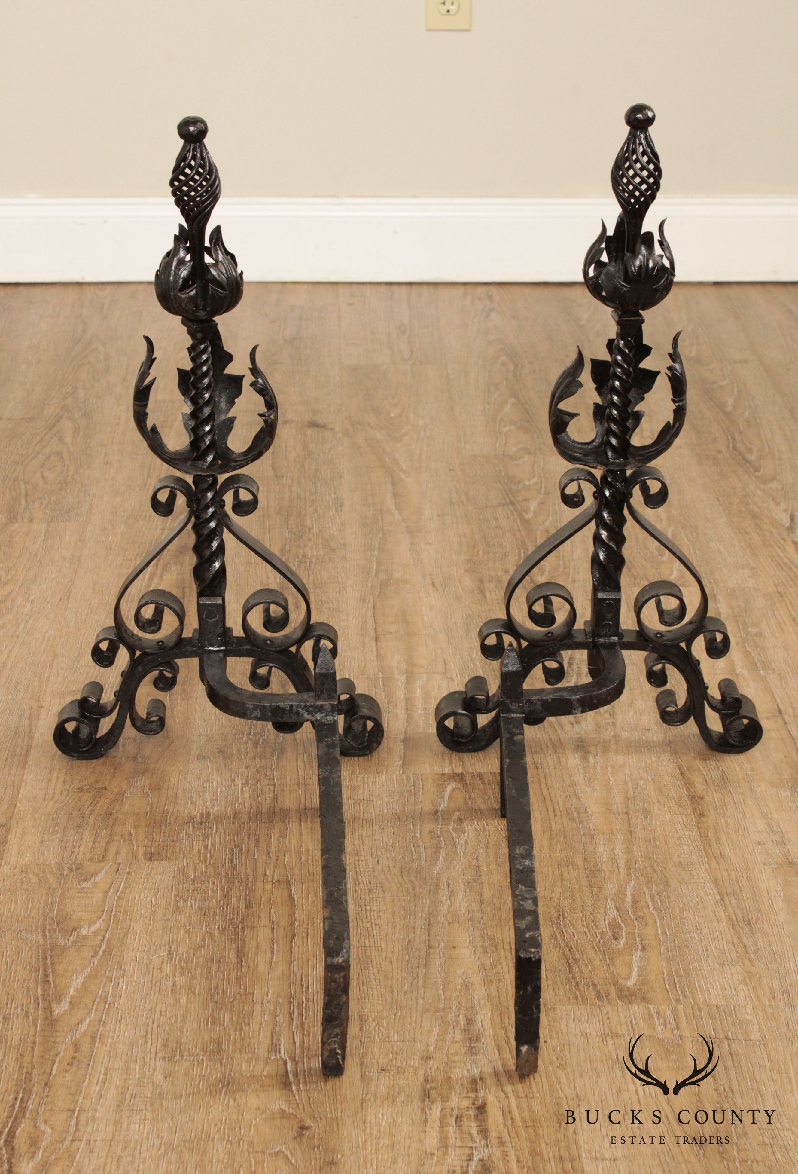 Quality Vintage Pair Wrought Iron Andirons