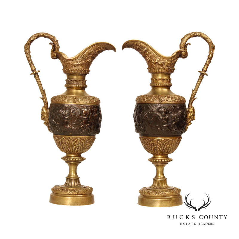 Quality French Pair of Antique Bronze Ewers with Bacchanalian Scenes