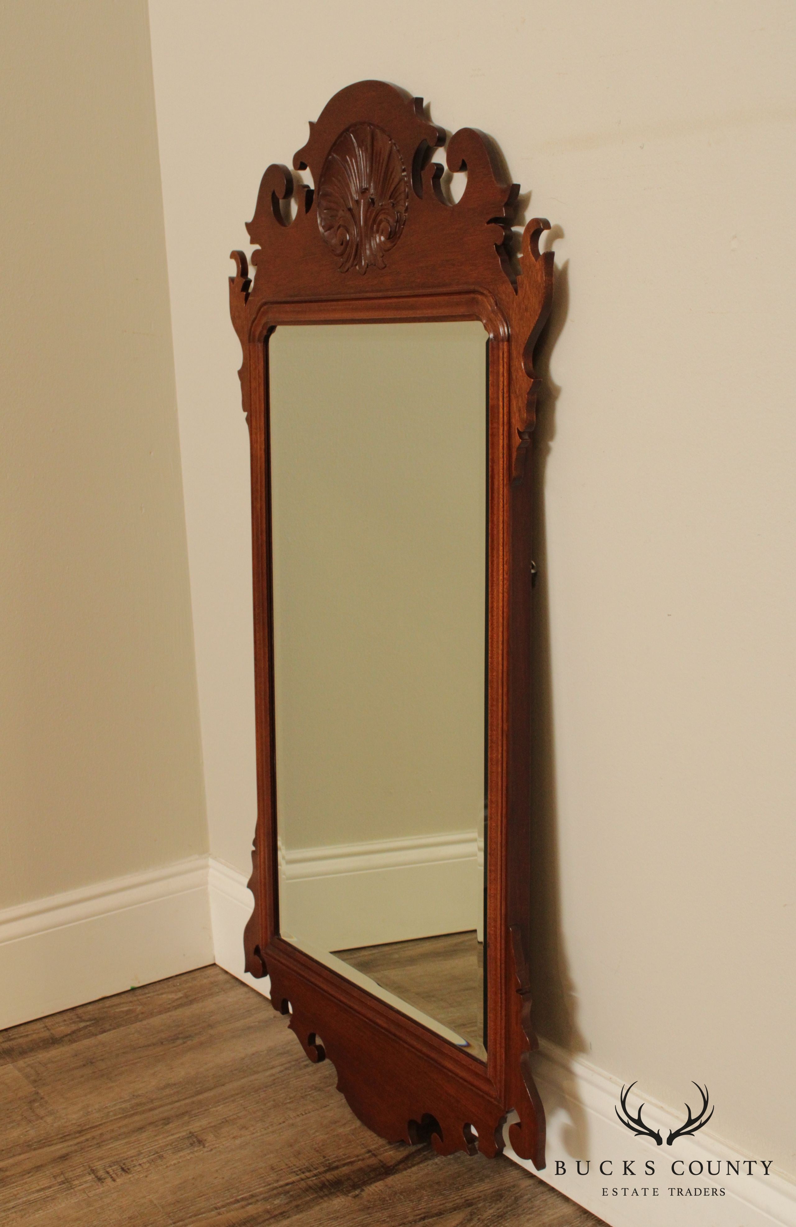 Chippendale Style Custom Crafted Solid Mahogany Shell Carved Beveled Mirror