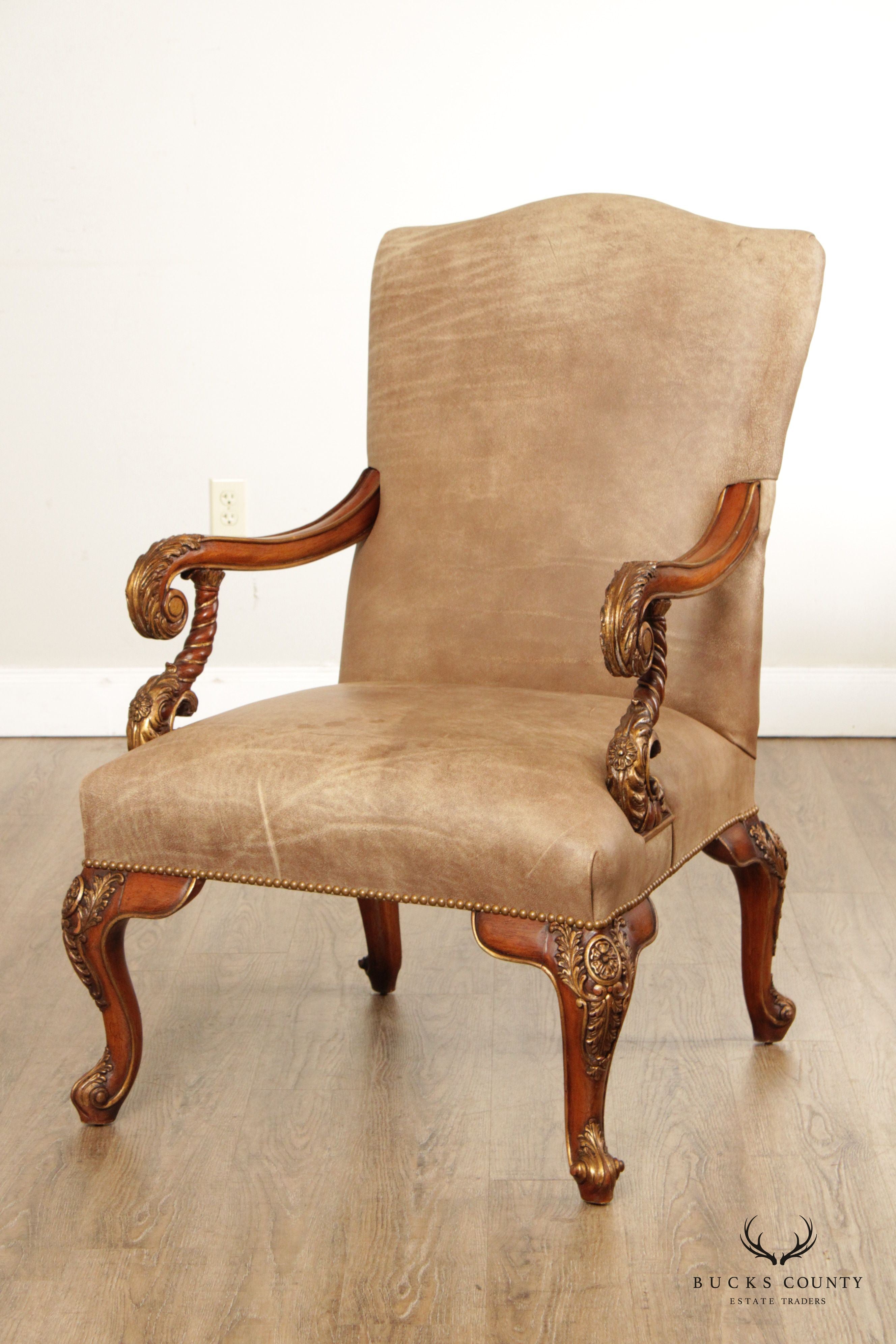 Italian Rococo Style Leather and Partial Gilt Armchair