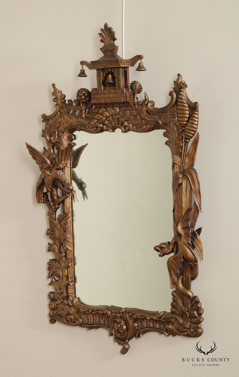 Antique Chinese Chippendale Style Dragon And Pagoda Carved Gilt Wall Mirror