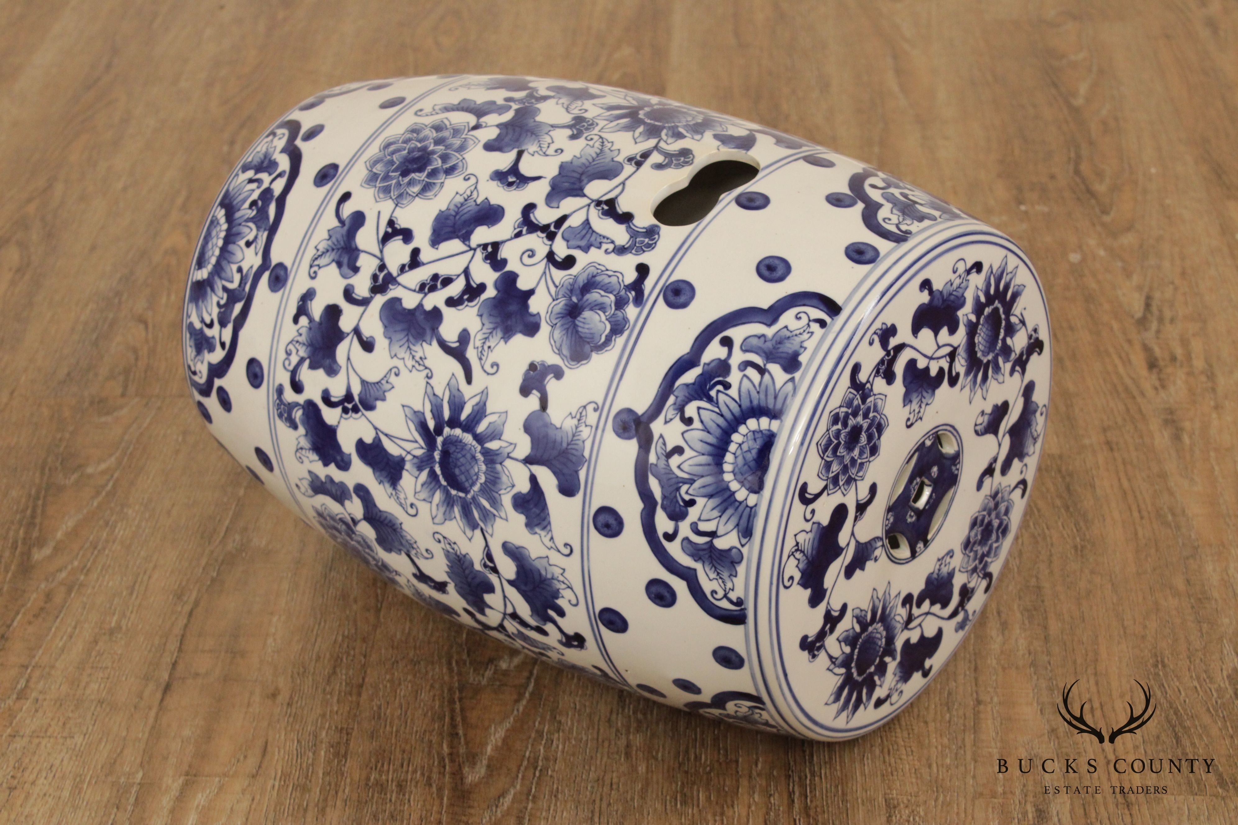 Vintage Asian Inspired Blue and White Porcelain Garden Stool