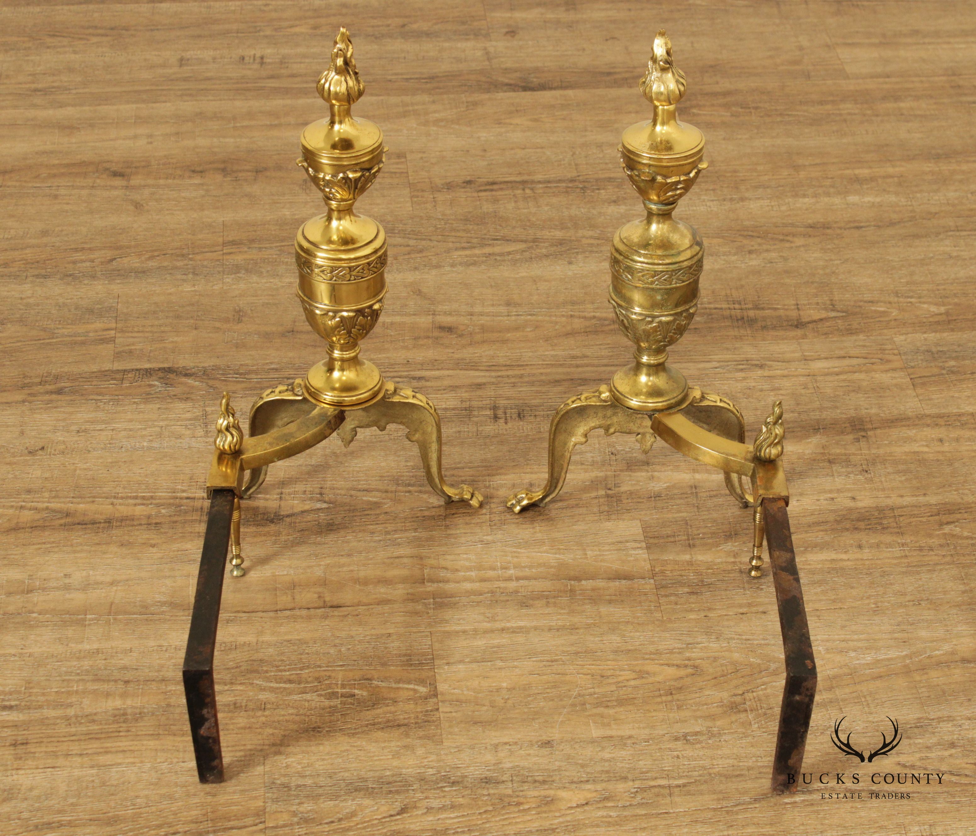 Vintage Pair of Neoclassical Style Brass Andirons