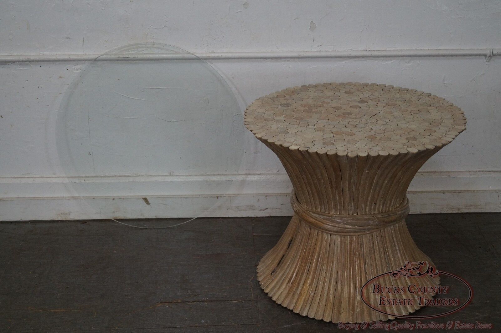 McGuire Style Rattan Wheat Sheaf Glass Top Side Table