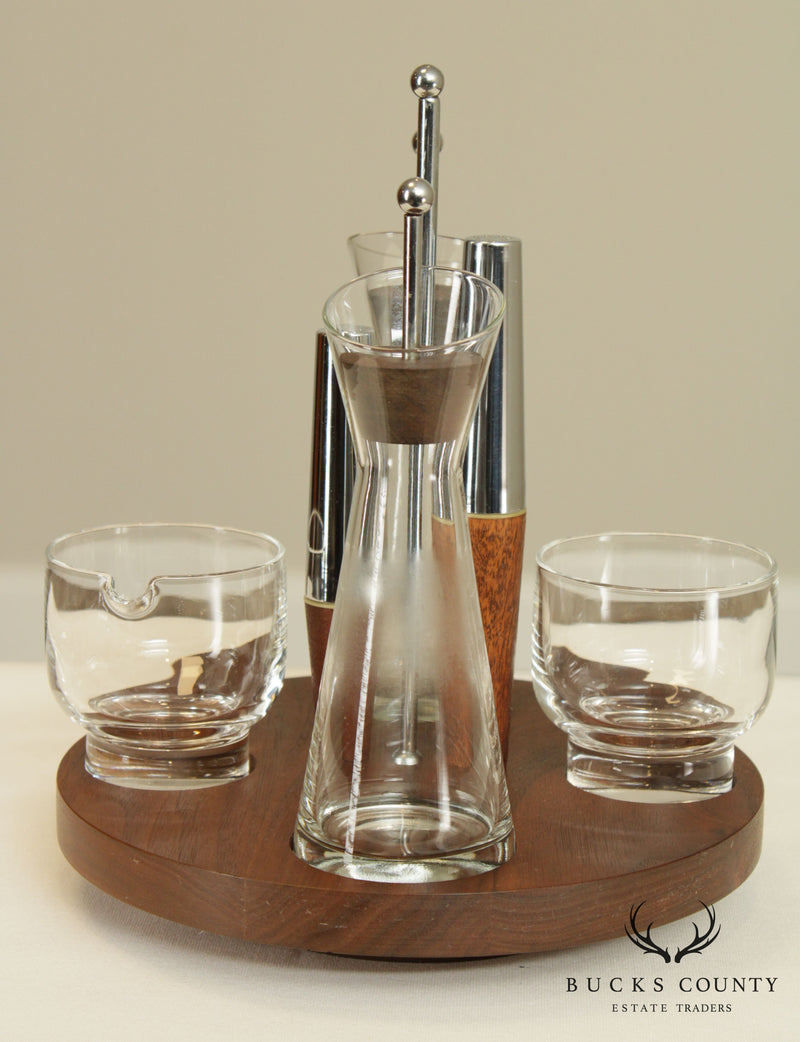 Mid Century Modern Walnut, Steel and Glass Condiment Set on Revolving Base