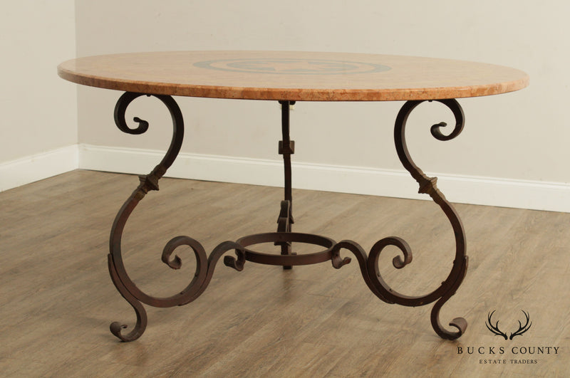 Tuscan Style Iron Scroll Base Round Marble Top Dining Table