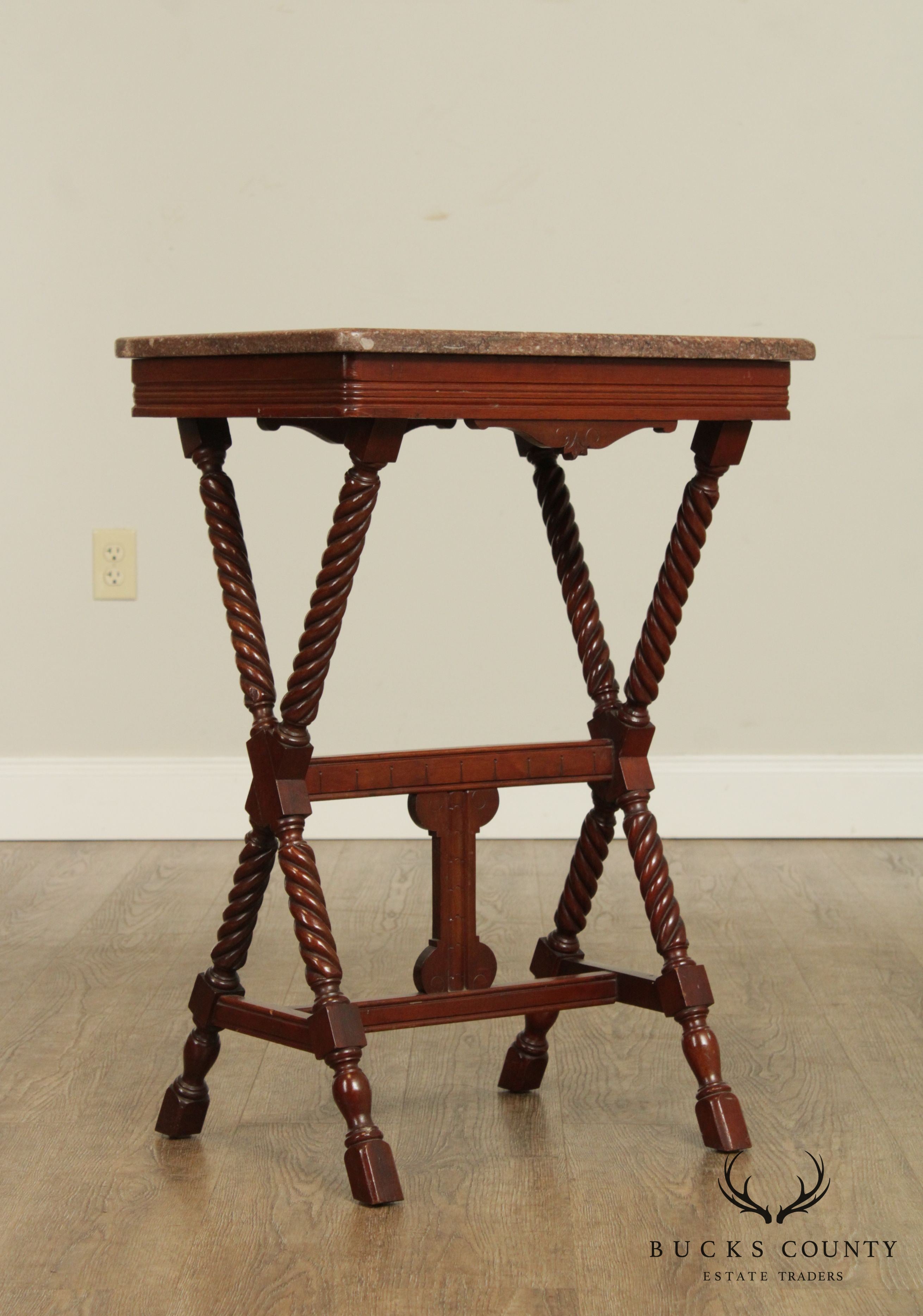 Antique Victorian Mahogany Marble Top Spiral Leg X Base Side Table