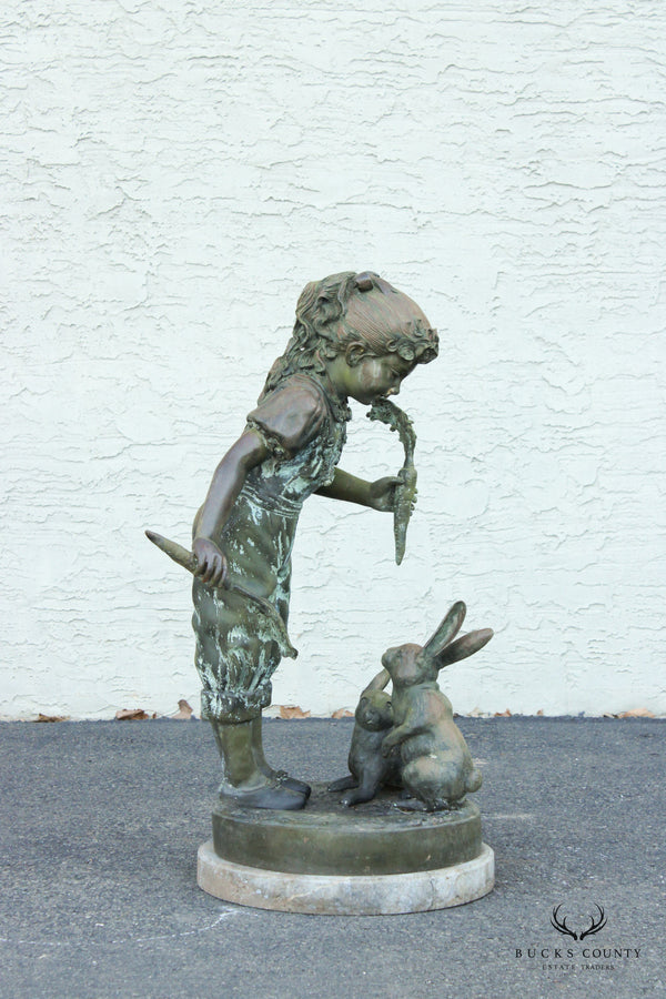 Jim Davidson Girl Feeding Rabbits Bronze Outdoor Sculpture