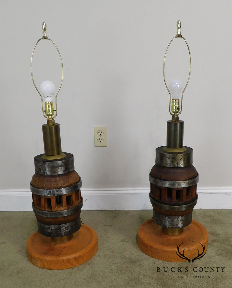 Heavy Wood and Steel Vintage Pair Barrel Table Lamps