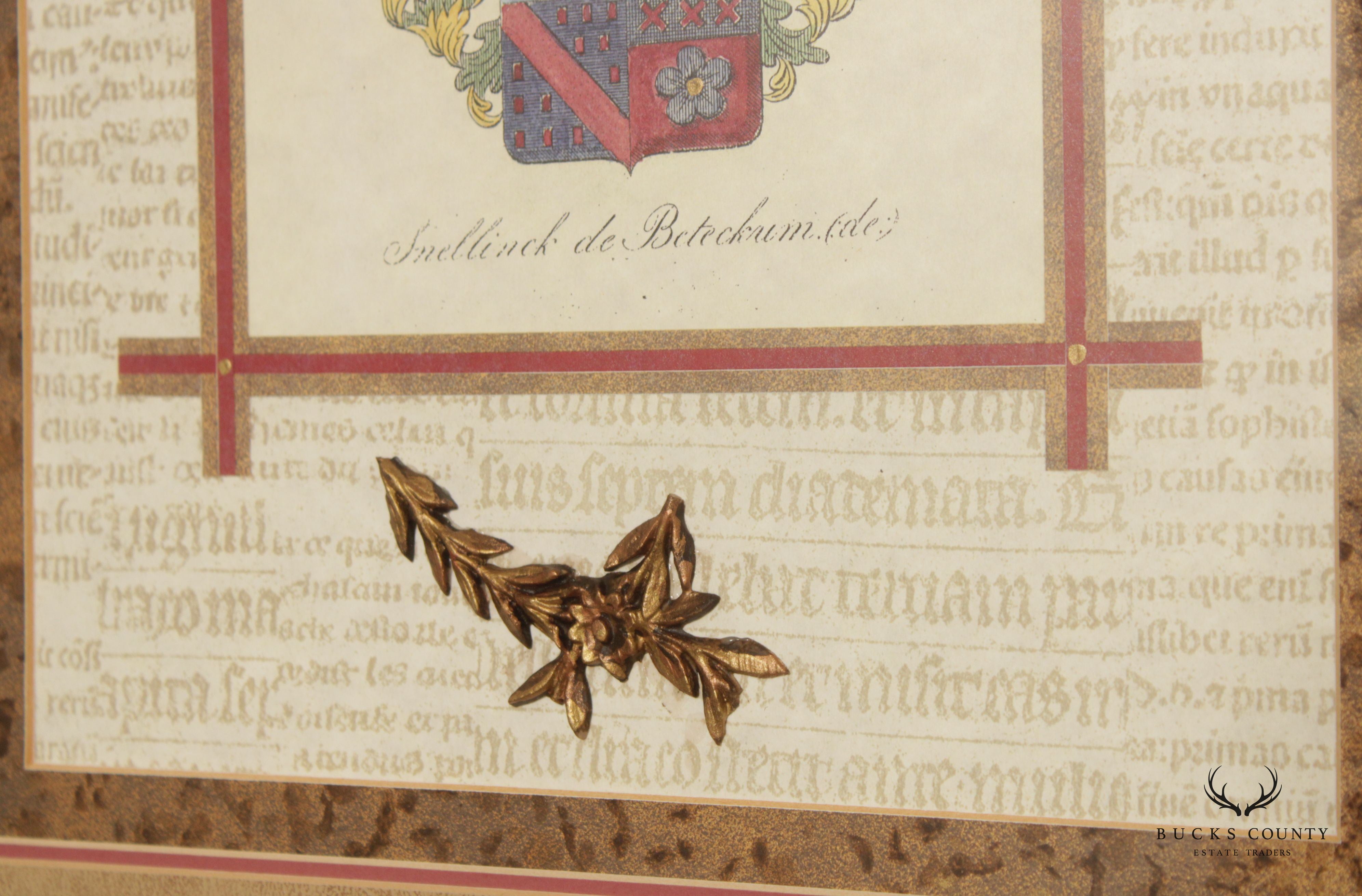 Vintage 'Snellinck de Beteckum' and 'Lamock de Sohier' Coat of Arms Prints, Custom Framed