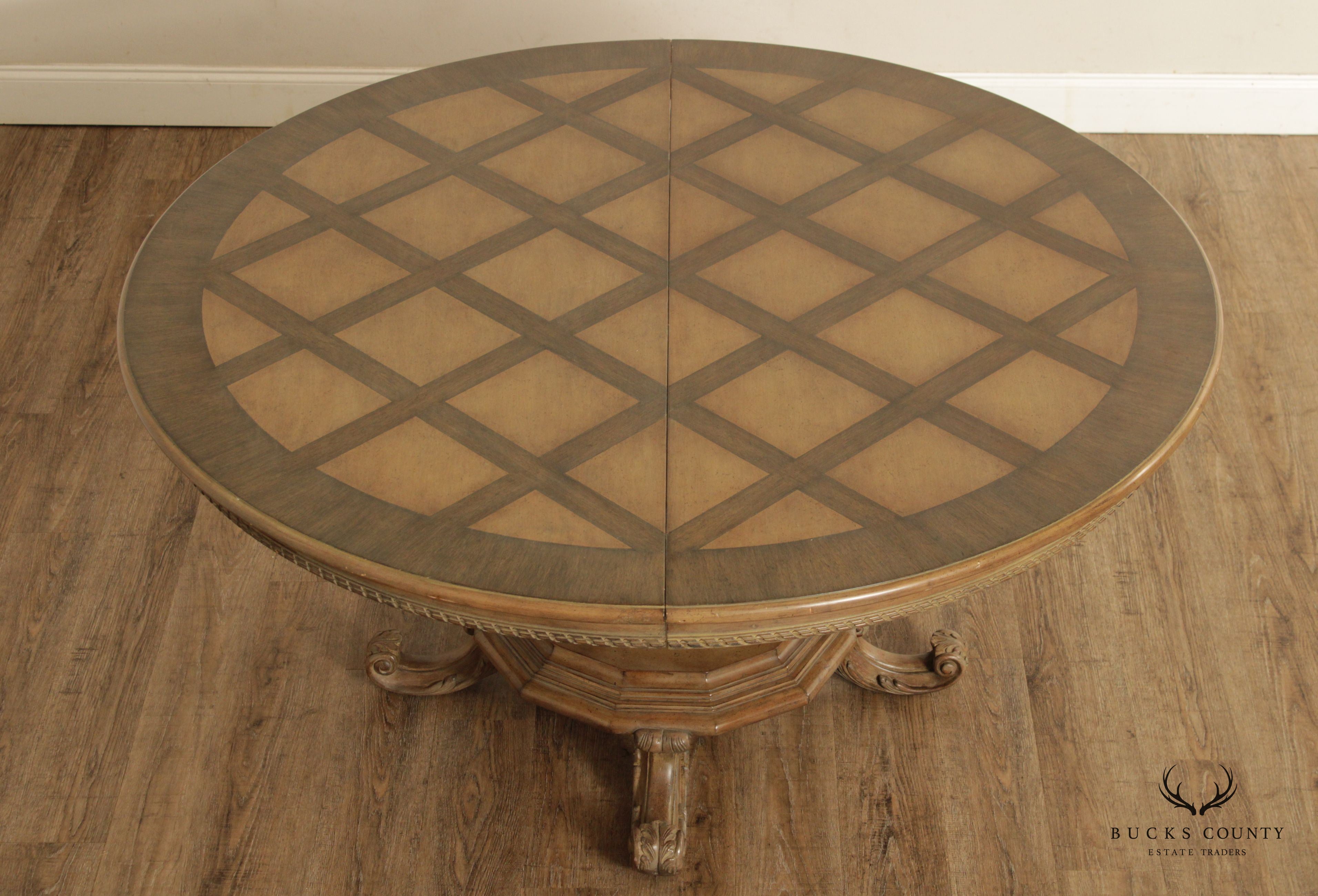 Rustic European Style Round Parquetry Top Pedestal Dining Table