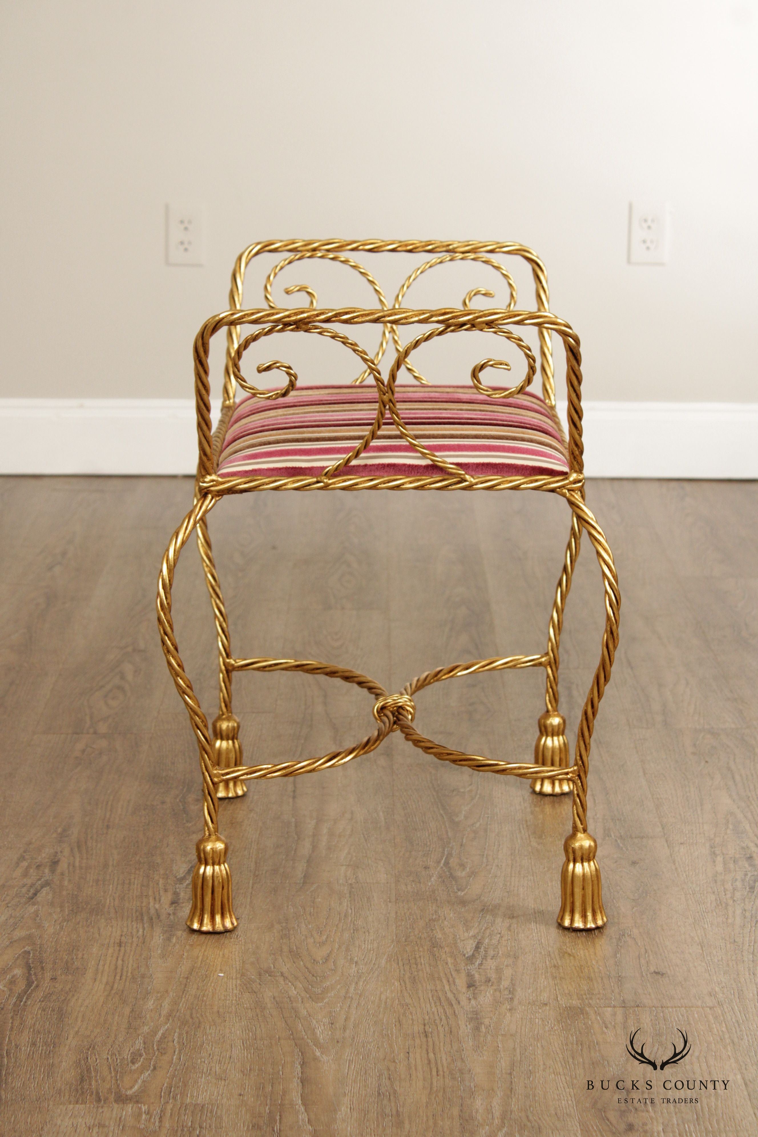 Italian Hollywood Regency Pair of Gilt Metal Rope Twist Benches