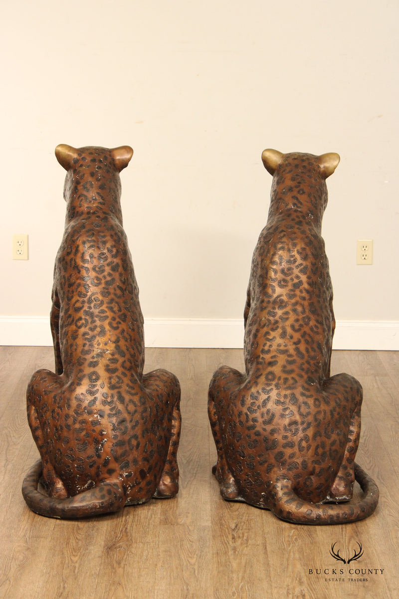 Life-Size Pair of Bronze Sitting Leopard Statues