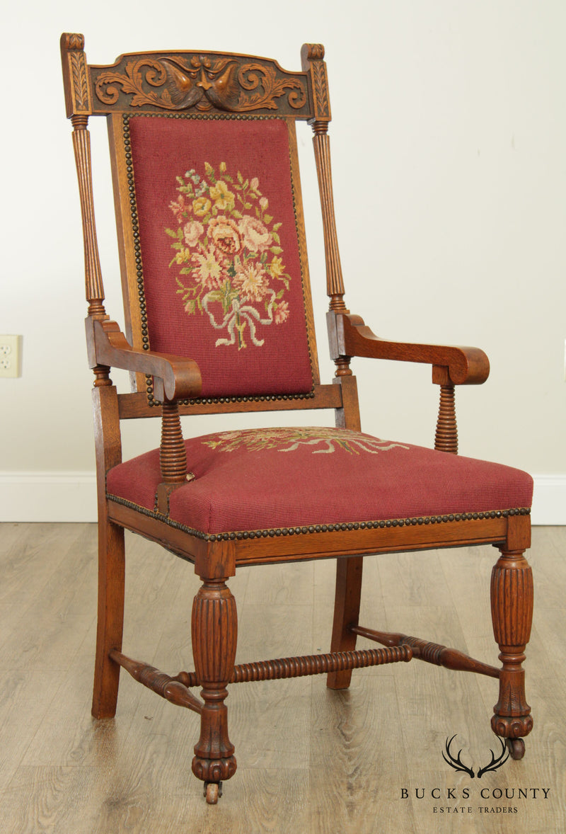 Antique Victorian Renaissance "Grotesque" Carved Oak Needlepoint Armchair