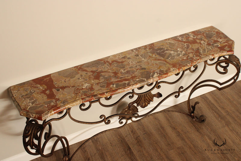 Rococo Style Custom Wrought Iron Marble Top Console Table