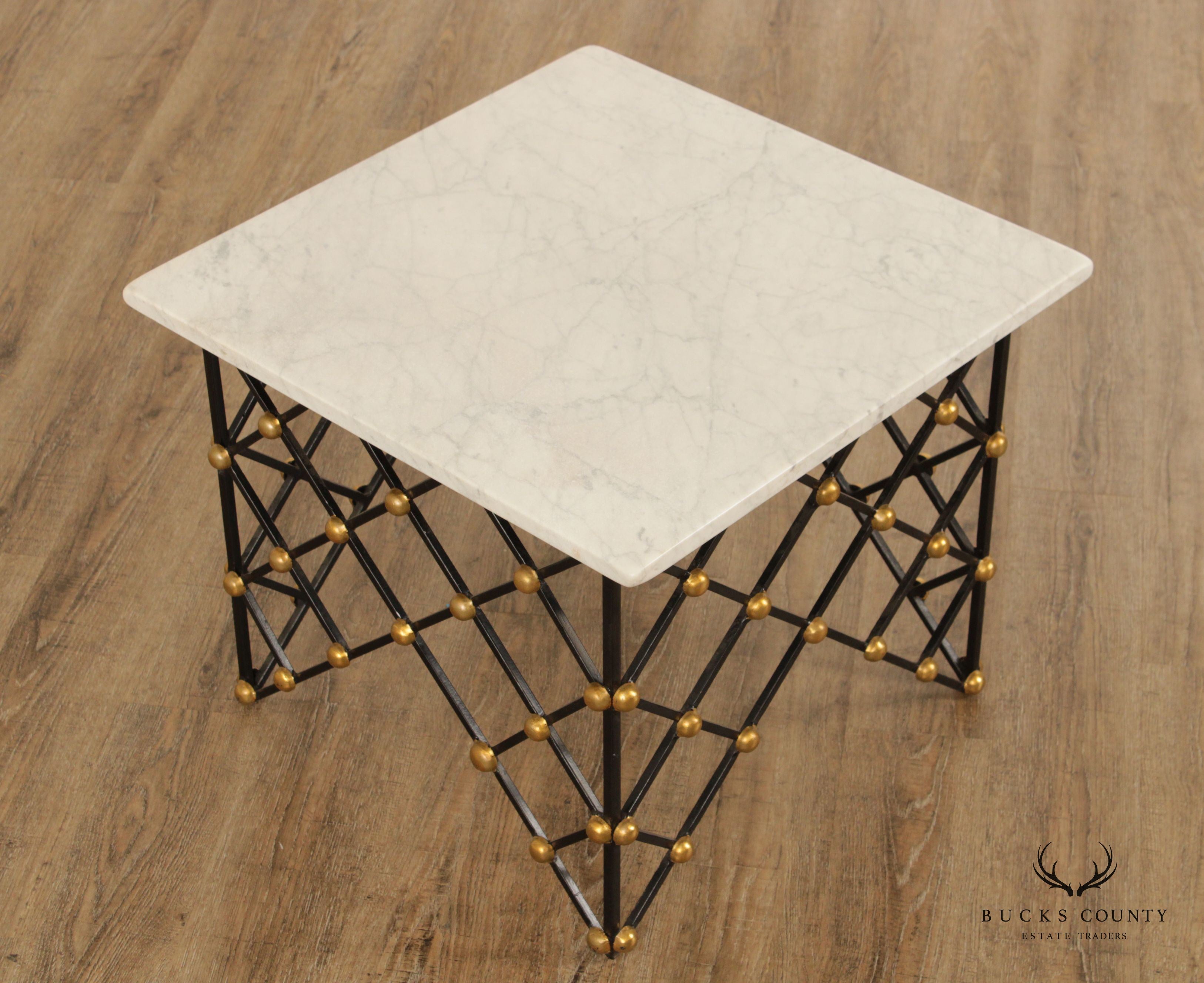 Vintage Wrought Iron Net Square Marble Top Cocktail Table