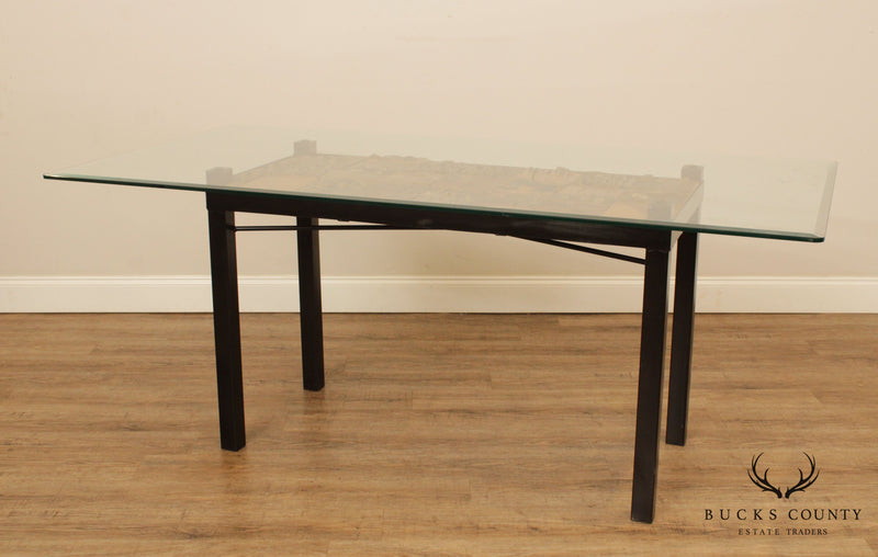 Quality Artisan Modular Driftwood, Iron Base, Glass Top Dining Table