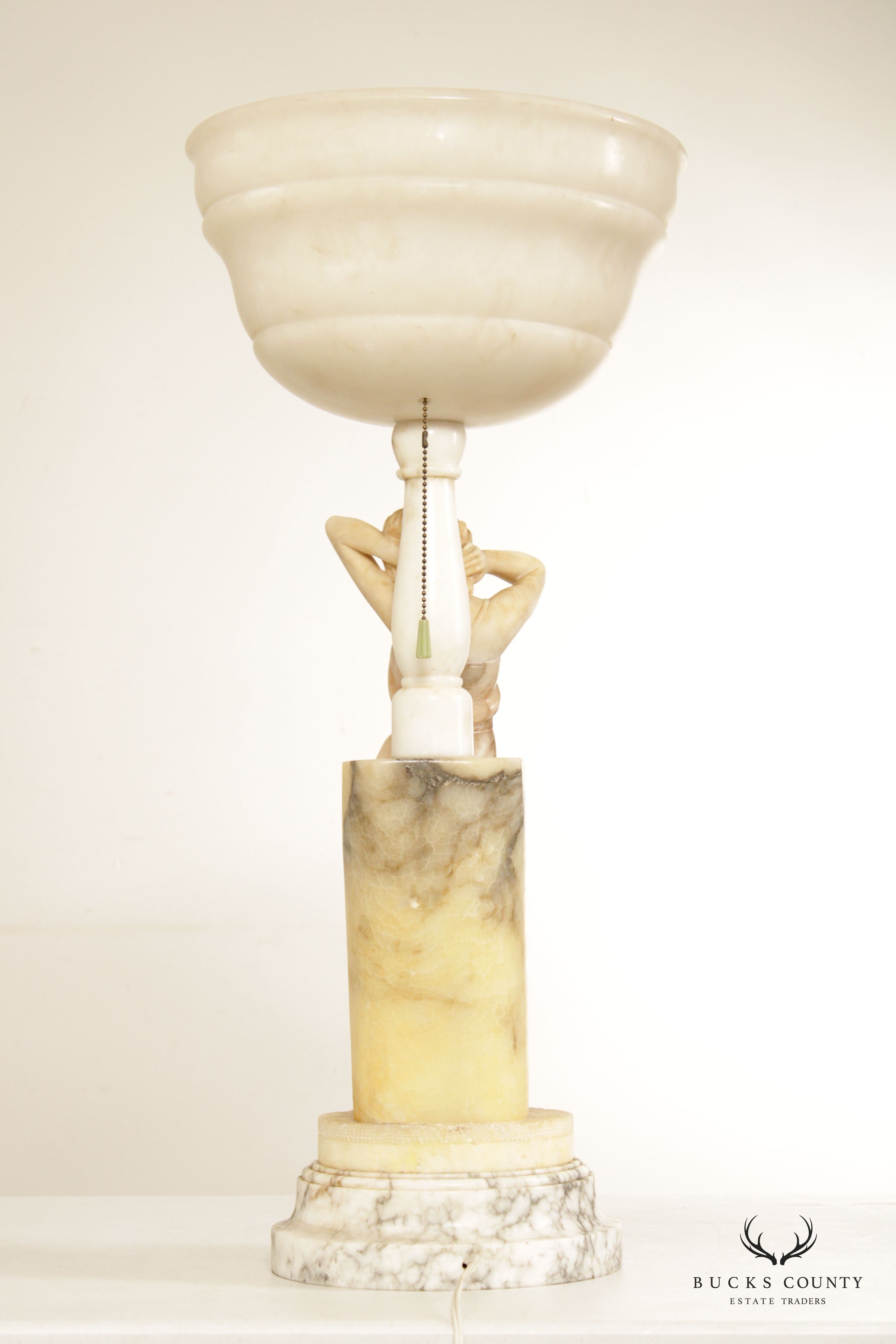 Antique Carved Alabaster 'Rebecca at the Well' Table Lamp