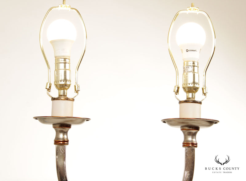 Modern Neoclassical Style Pair of Chrome Two-Light Table Lamps (C)