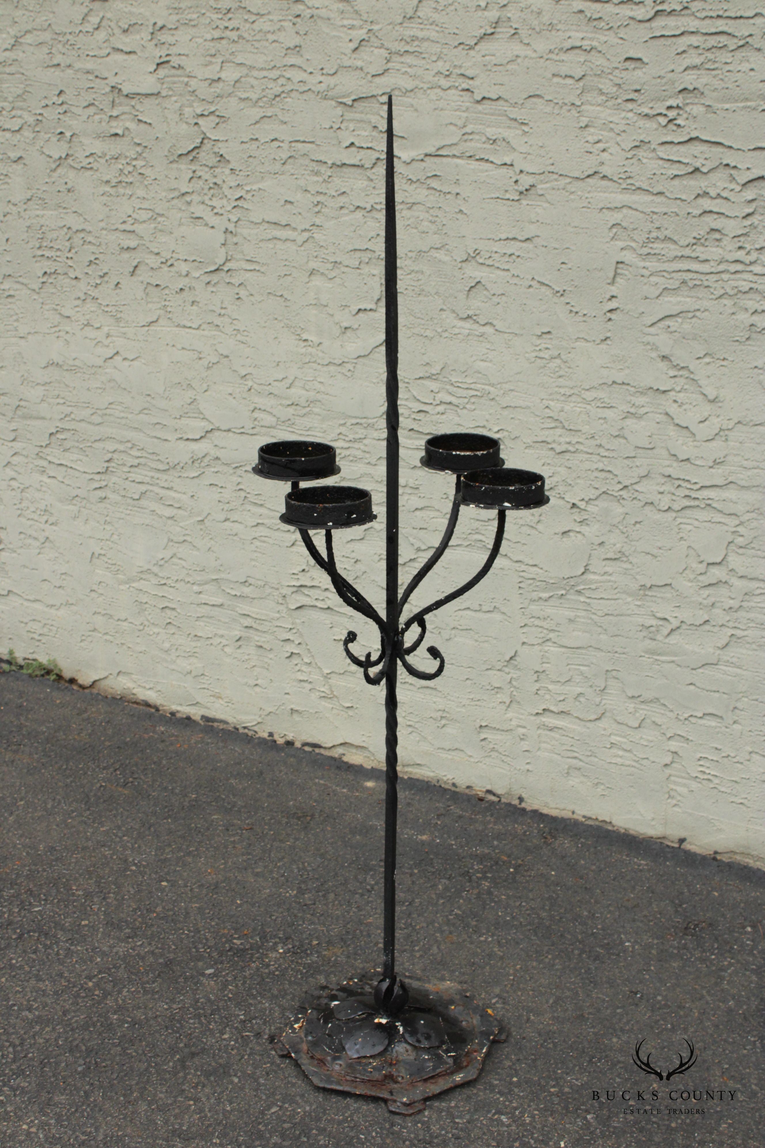 Gothic Revival Style Wrought Iron Outdoor Pillar Floor Candelabrum