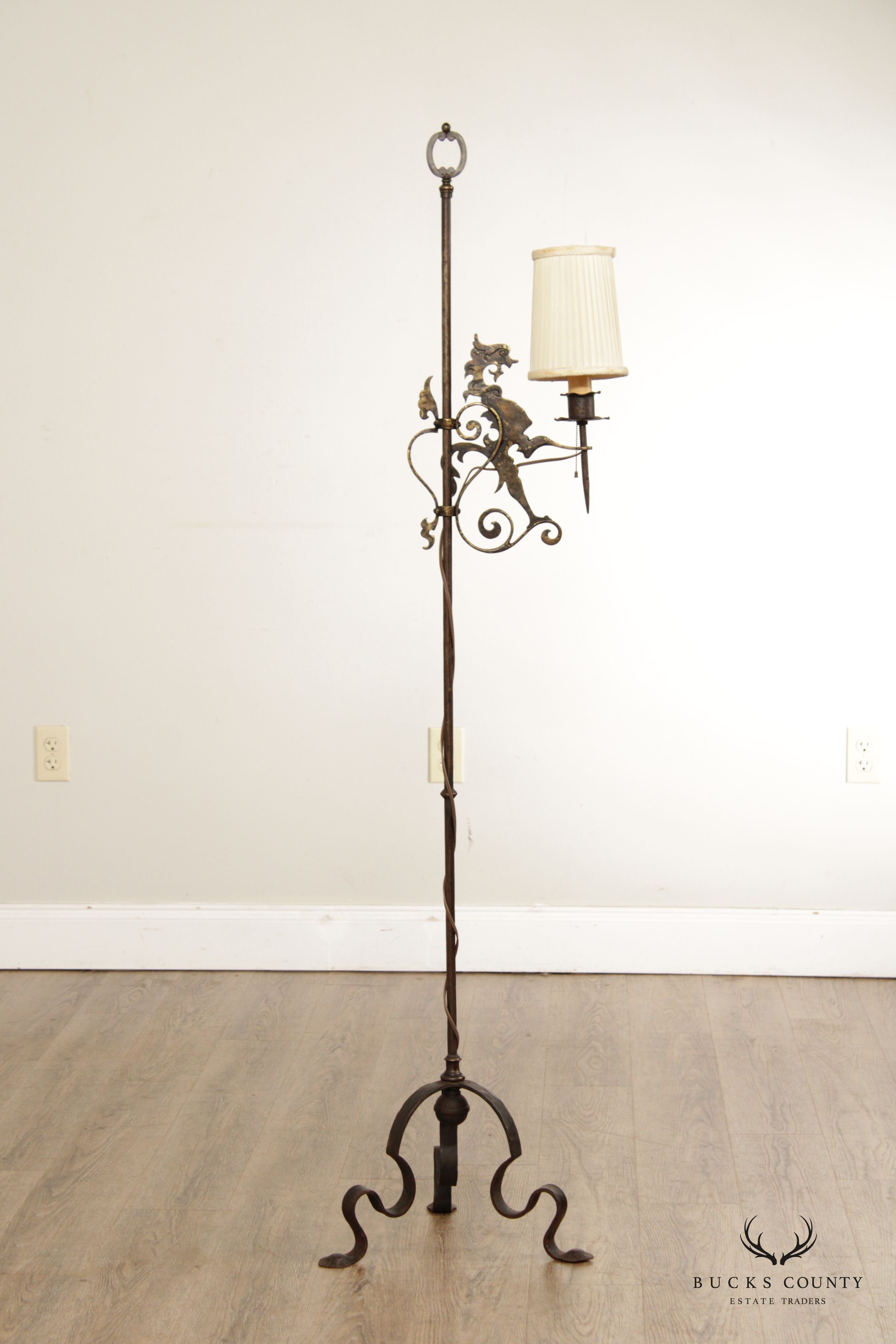 Antique Gothic Forged Iron and Gilt Floor Lamp