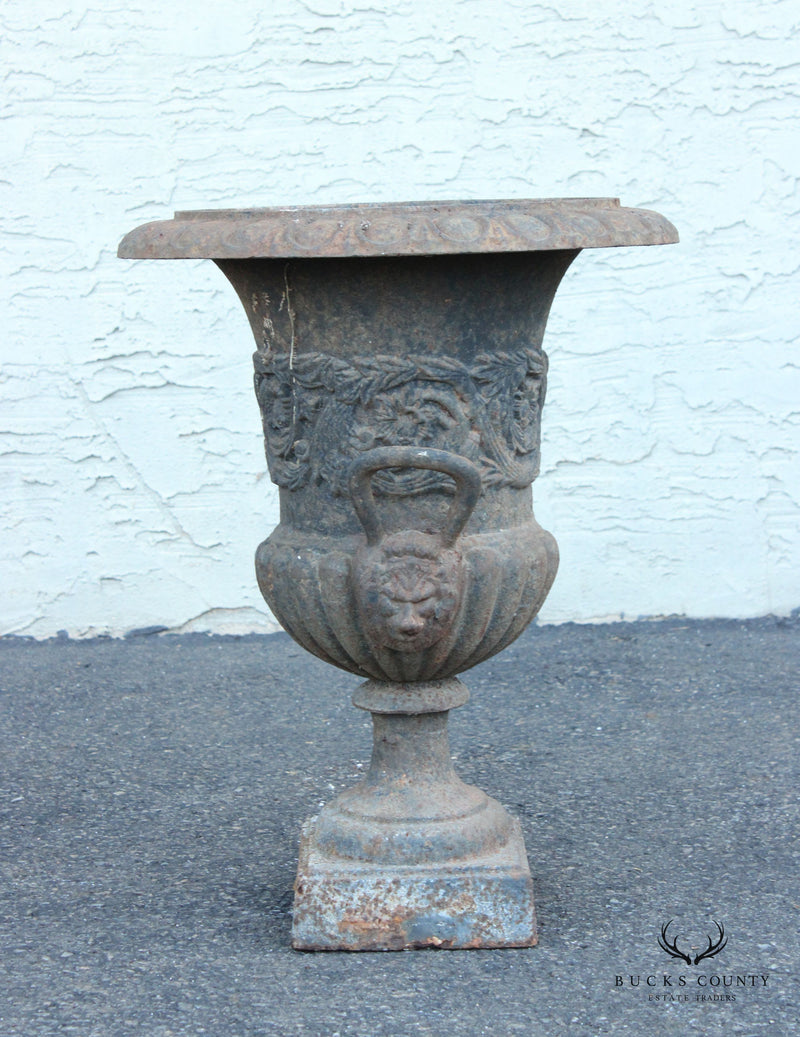 Classical Style Pair Cast Iron Garden Urns with Lion Masks