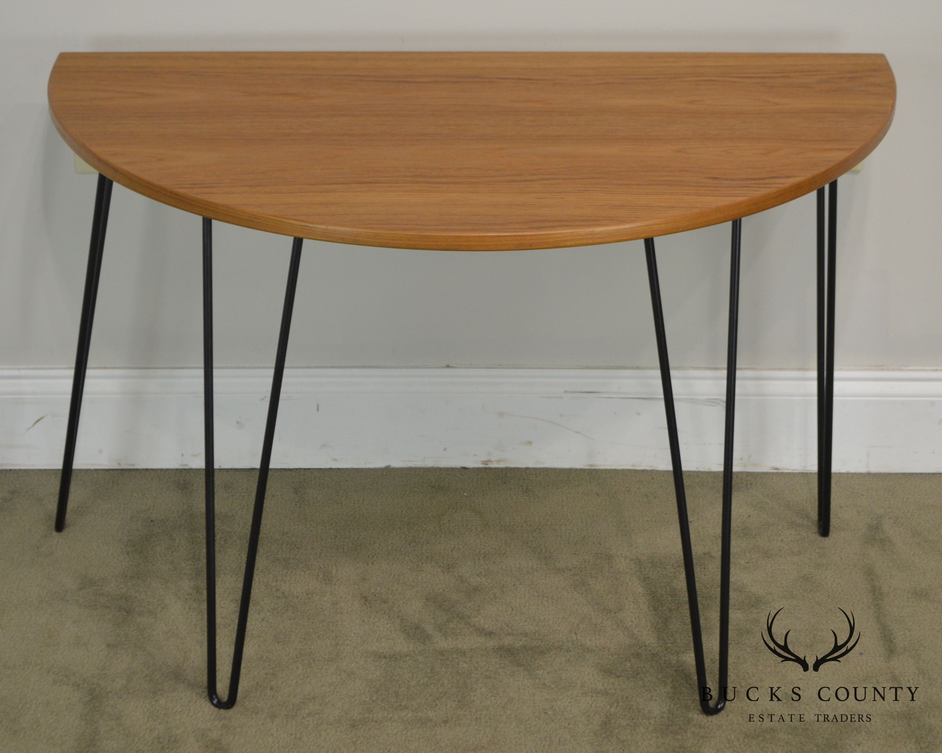 Danish Modern Style Demilune Teak Console Table with Iron Hair Pin Legs