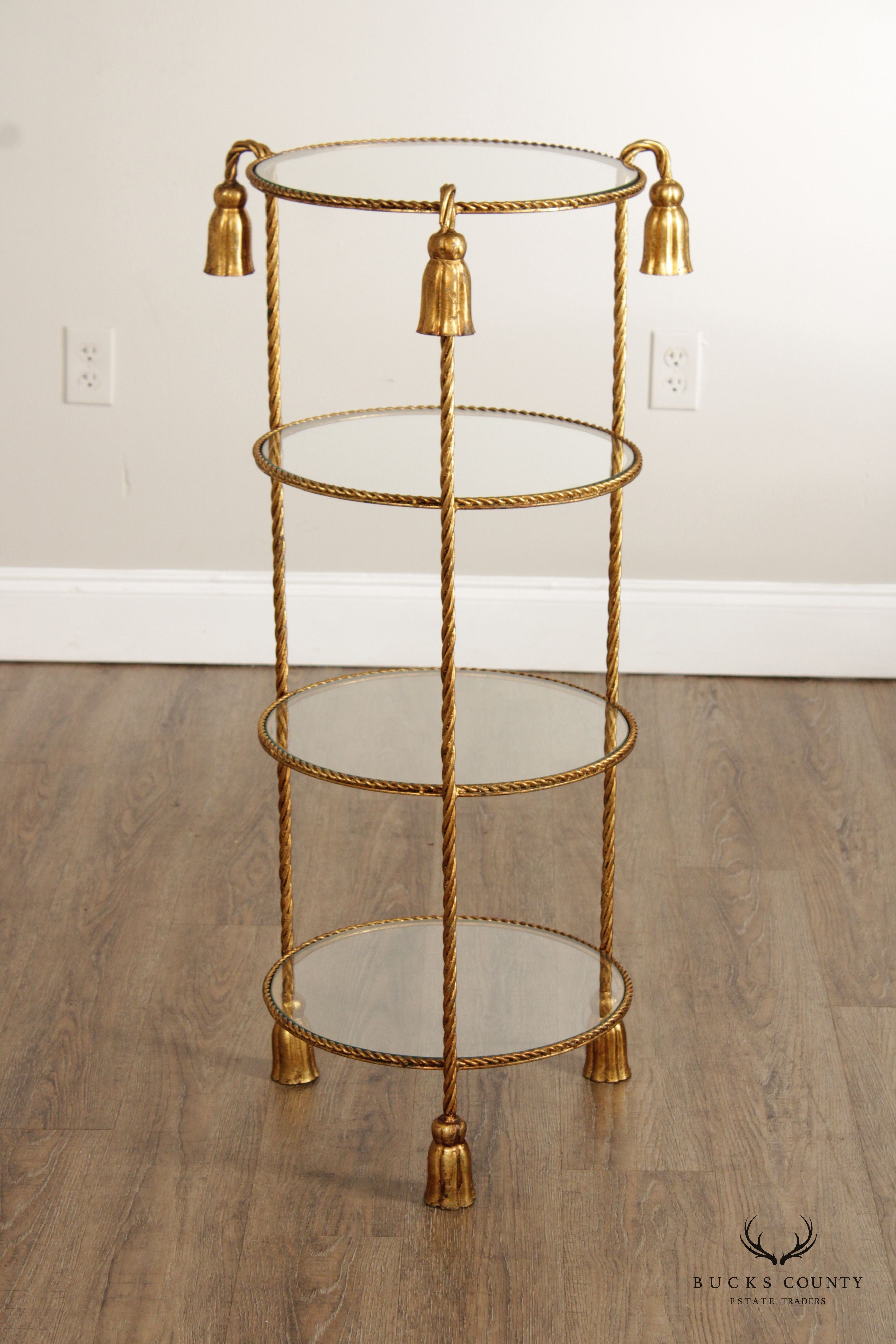 Italian Gilt Metal Four Tier Rope And Tassel Etagere Stand